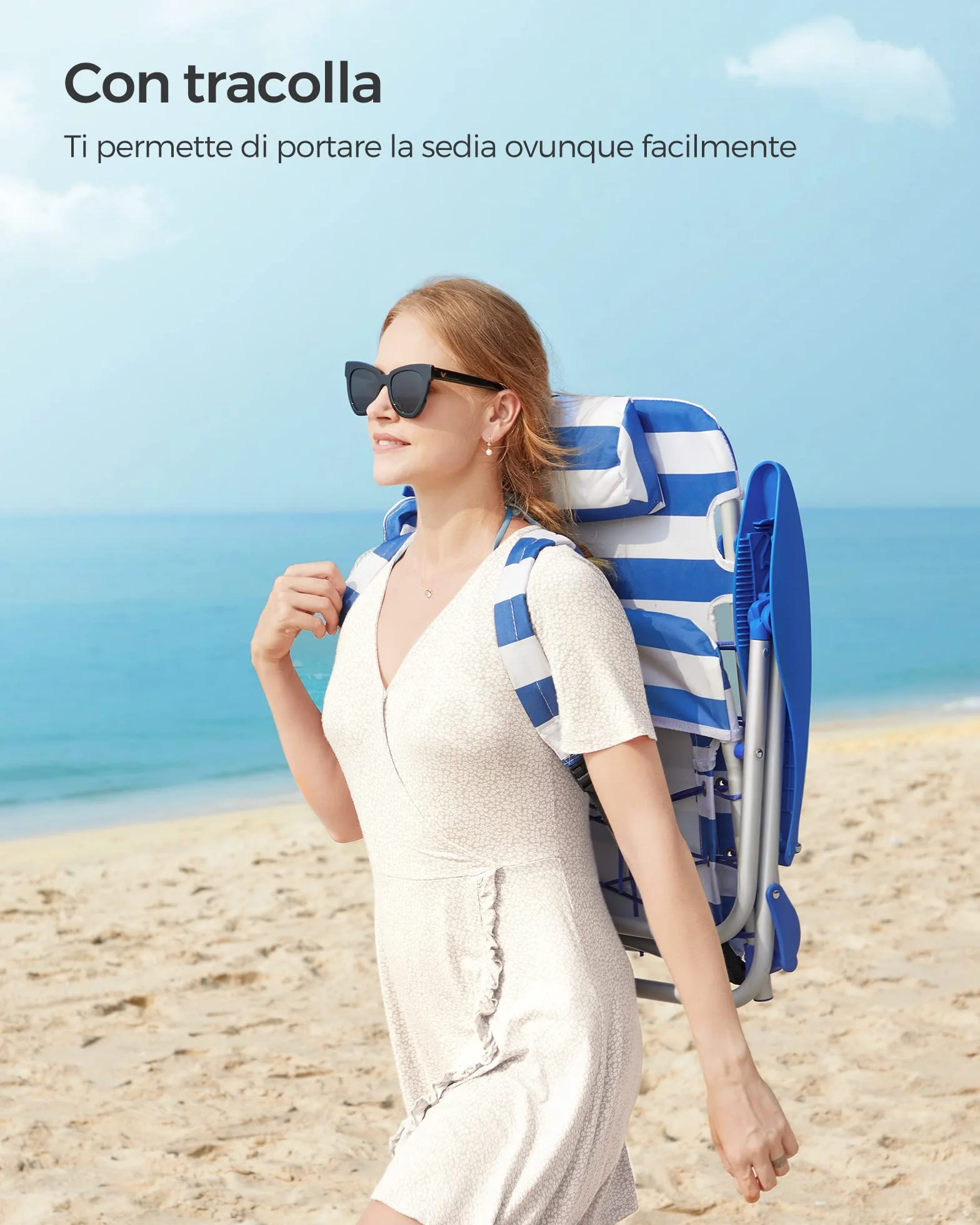 SONGMICS Sedia da spiaggia, sedia da campeggio pieghevole, con tracolla, schienale regolabile, poggiatesta, bracciolo, 2 tasche laterali, blu e bianco GCB62BU