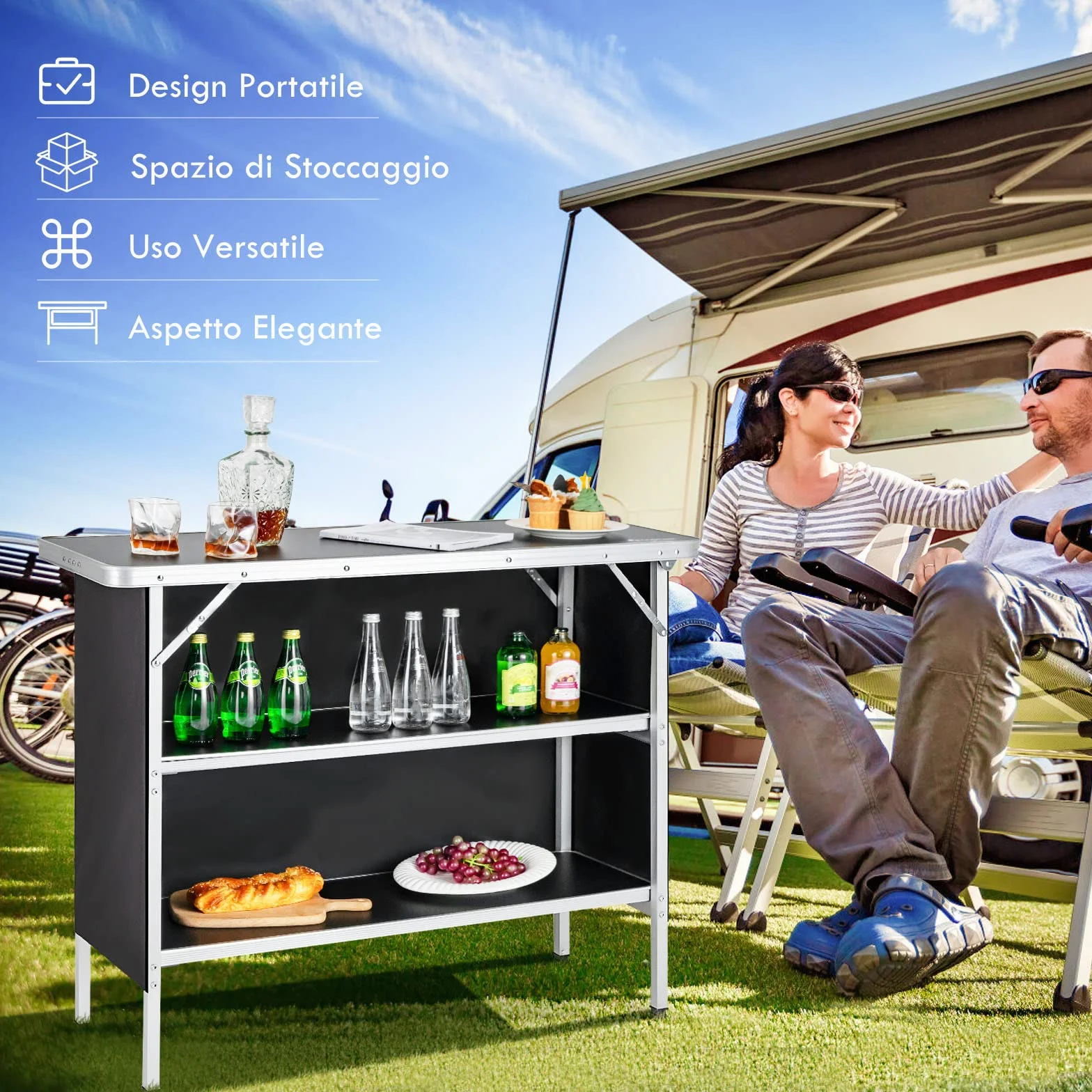 COSTWAY Cucina da Campeggio Pieghevole con Telaio in Alluminio 3 Ripiani Borsa Trasporto Nero