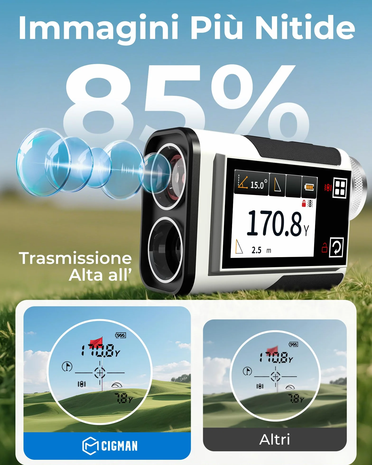 CIGMAN CT-1200PRO Golf Rangefinder Laser 1200Y ±1 m Display Touch Slope Oculare 25 mm Ricaricabile USB-C