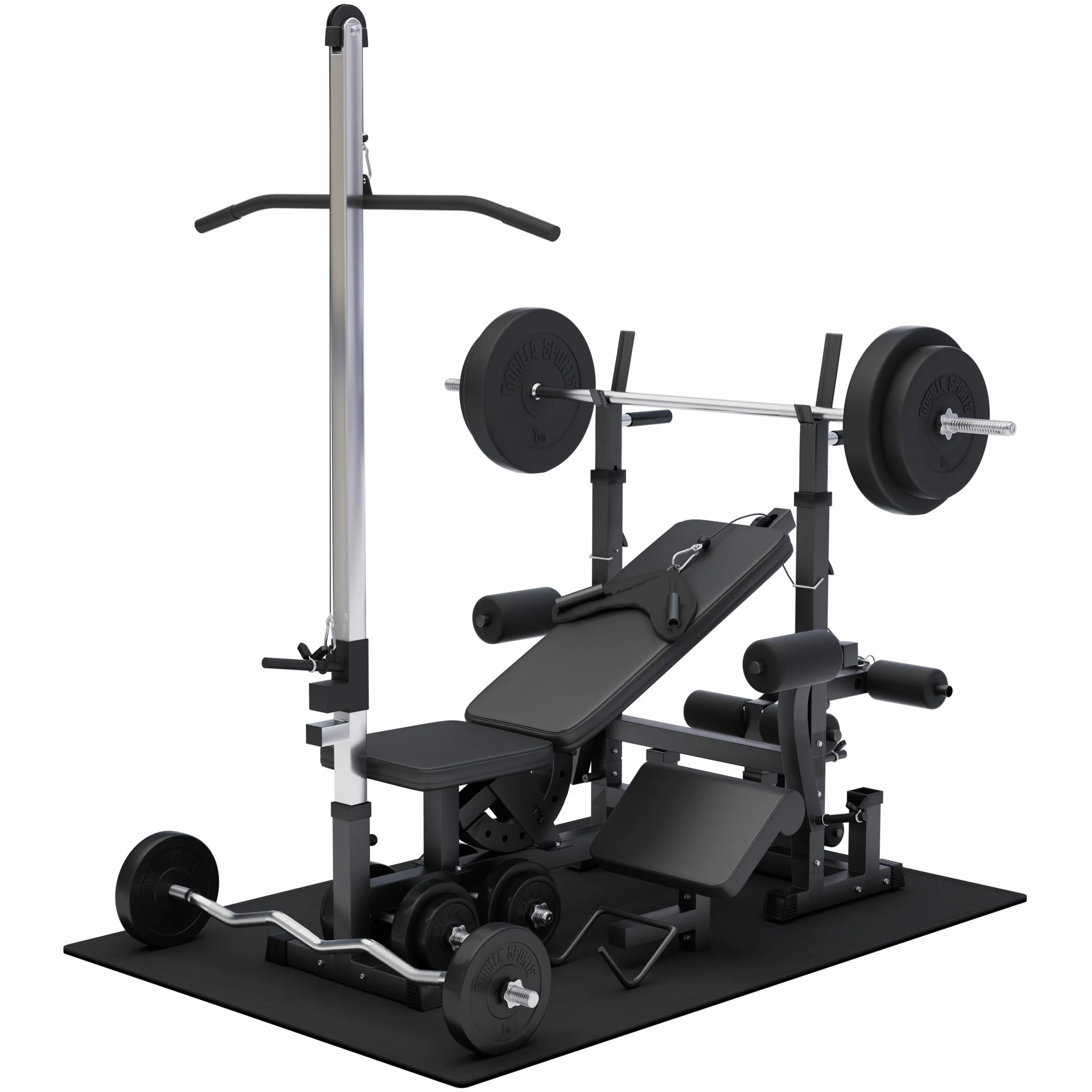 GORILLA SPORTS® Panca Multifunzione - 46 Pezzi, Panca Regolabile, Portabilanciere, Butterfly, Lat Machine, Tappetino Fitness, 2 Bilancieri, 2 Manubri, 14 Dischi 100 kg - Stazione Fitness