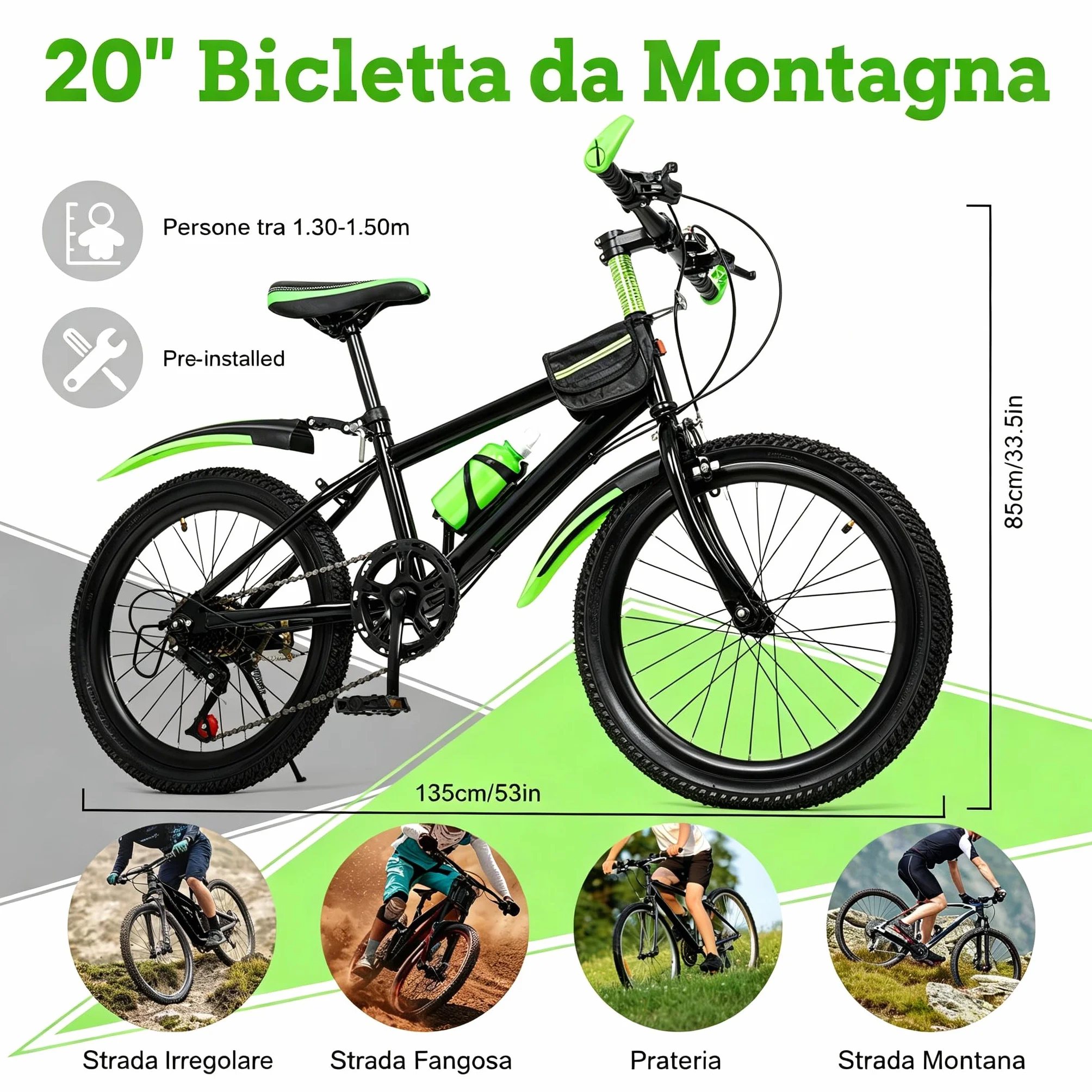 Mountain Bike 20 Pollici per Bambini Ragazzi Ragazze da 8 a 13 Anni, Bicicletta MTB 7 Marce Freni a Disco