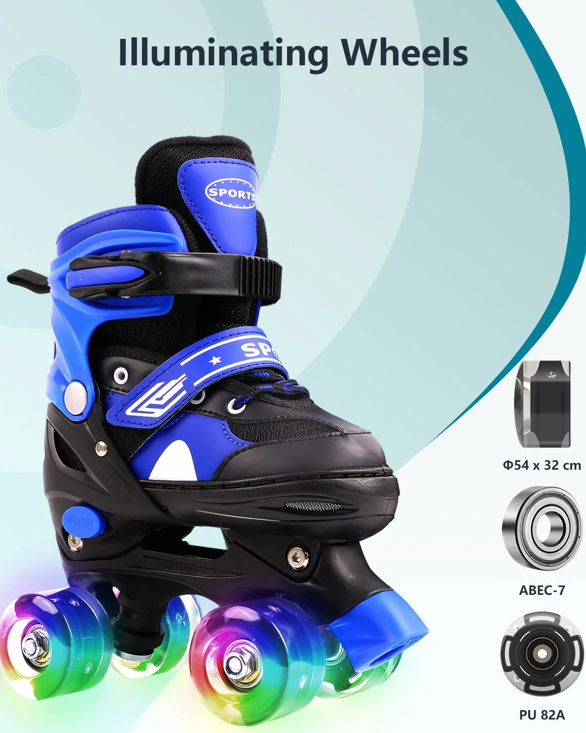 Pattini a Rotelle Bambina Regolabili, 4 Ruote LED, Blu