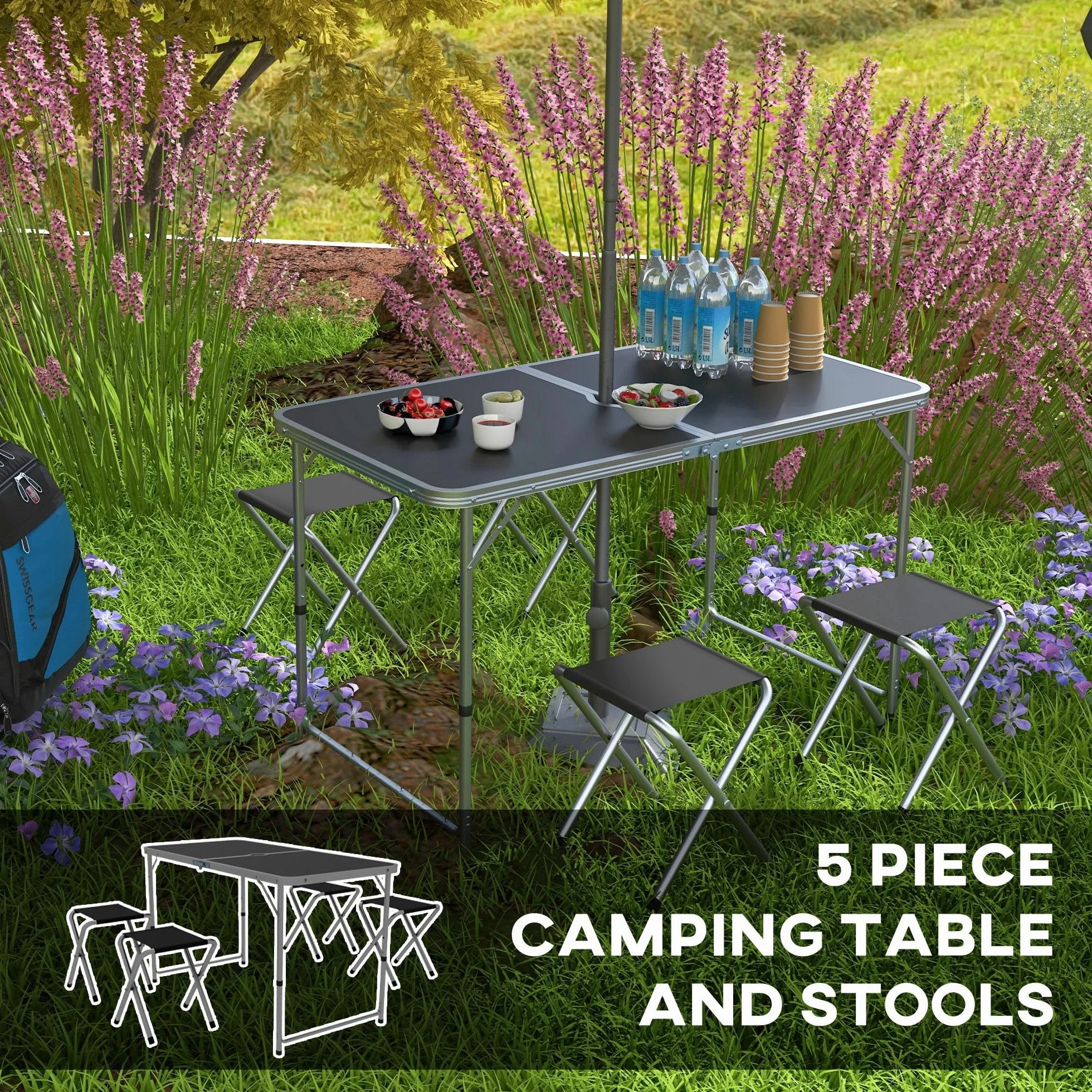 Outsunny 5-Piece Camping Set Tavolo da campeggio pieghevole con sedie regolabile in altezza 120x60x55-70 cm Nero