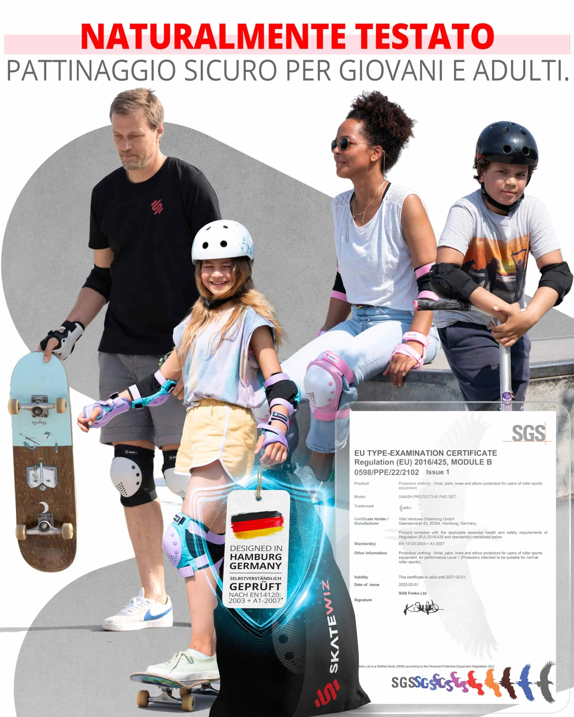 SKATEWIZ Set Protezioni Skateboard Bambini Smash Gomitiere Ginocchiere Polsi Roller Skating [6 Pezzi]