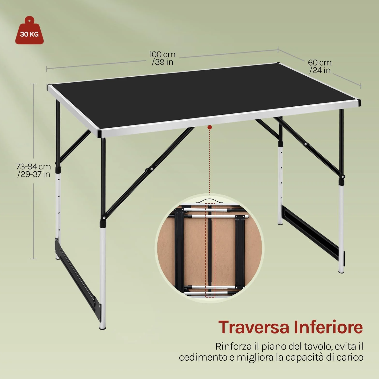 WOLTU Tavolo da Campeggio Pieghevole Portatile Altezza Regolabile MDF Nero 100x60x73/94cm