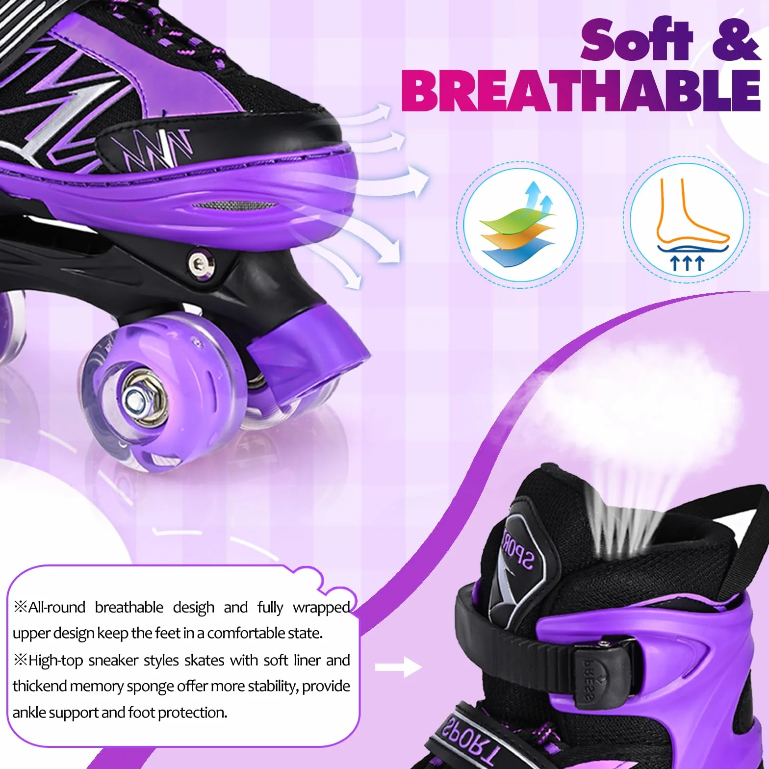 Pattini a rotelle per bambini ragazze ragazzi principianti, 4 misure regolabili per bambina e bambino con ruote luminose, pattini a rotelle viola e bianco per lo sport