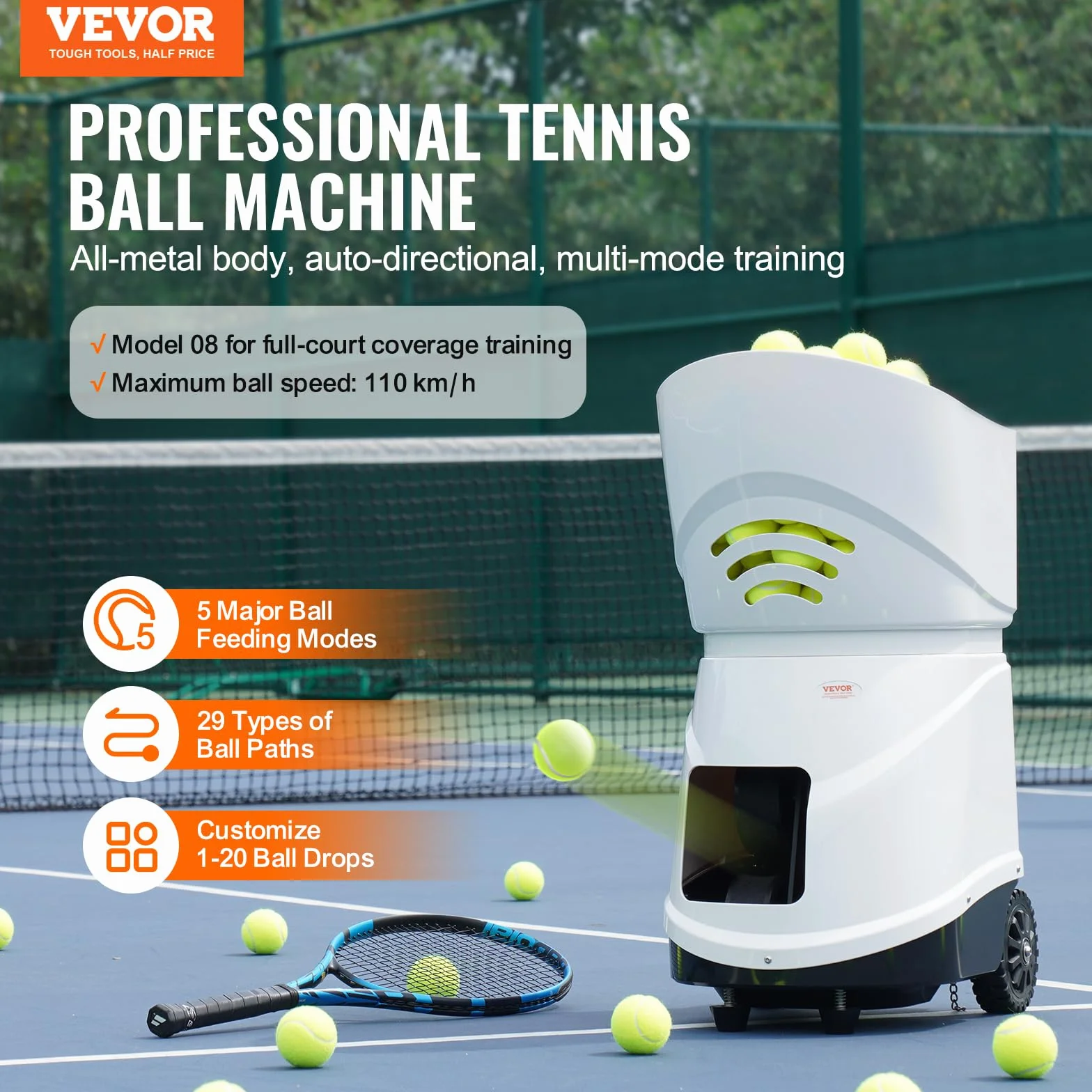 VEVOR Lancia Palline Tennis Automatico Portatile, Macchina per Palline da Tennis, Lanciatore 150 Palline, Trapano Multimodale 5 Motori, Batteria Ricaricabile, Controllo Remoto App
