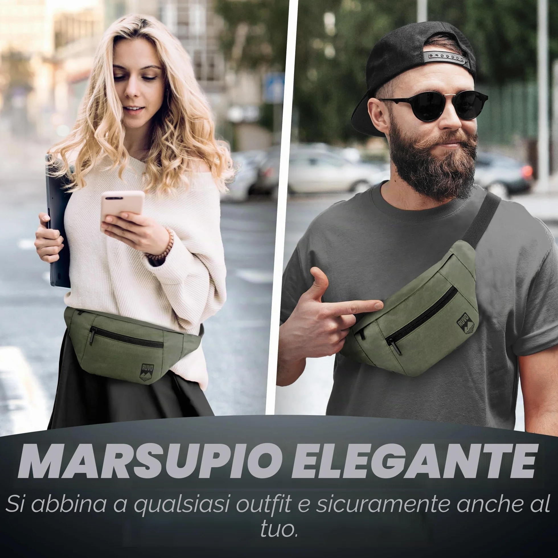 RUVO Marsupio da Cintura Uomo e Donna 4 Scomparti Chiusura a Zip Oliva Taglia Unica