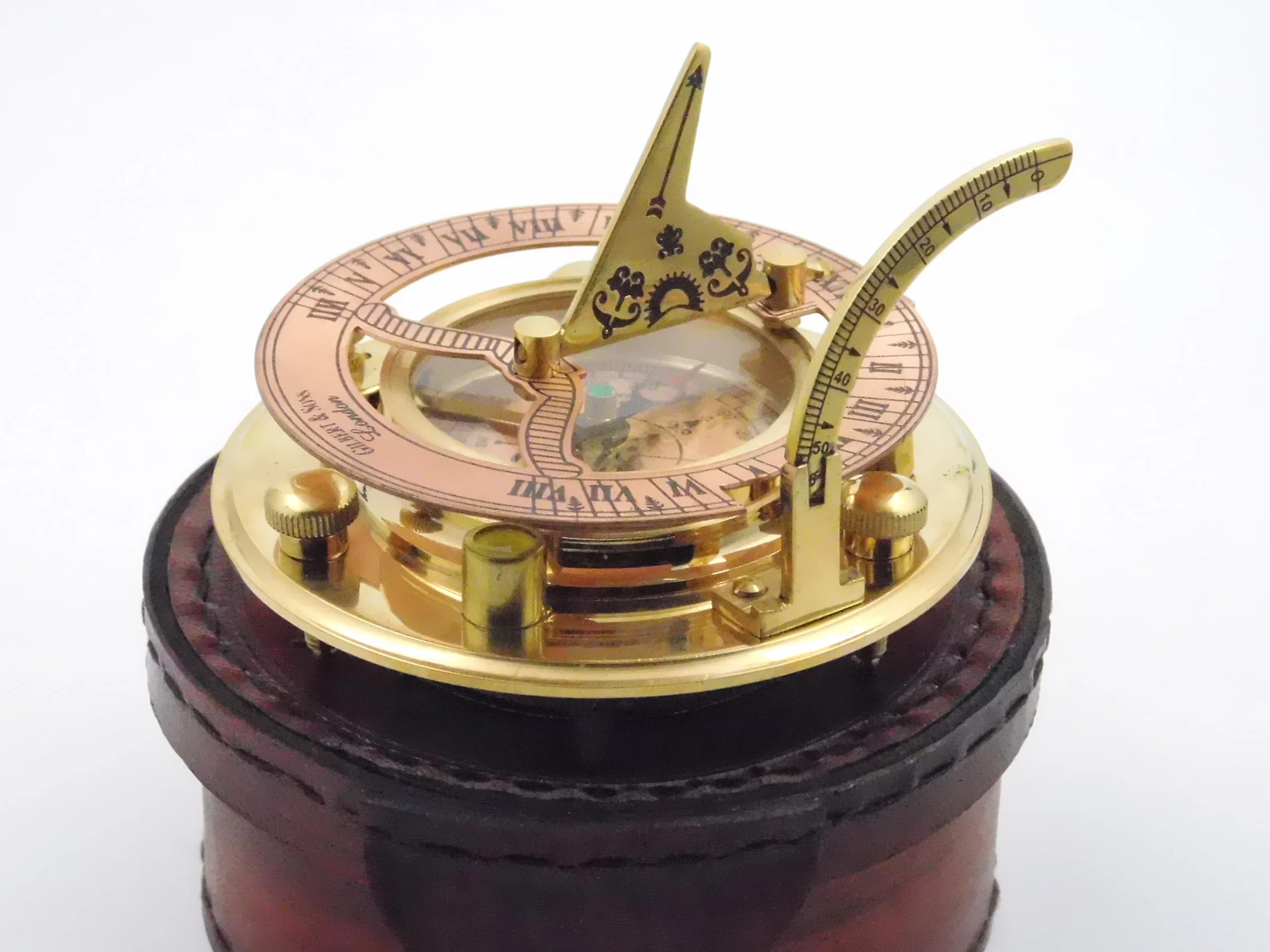 Antique Brass Sundial Compass with Leather Case