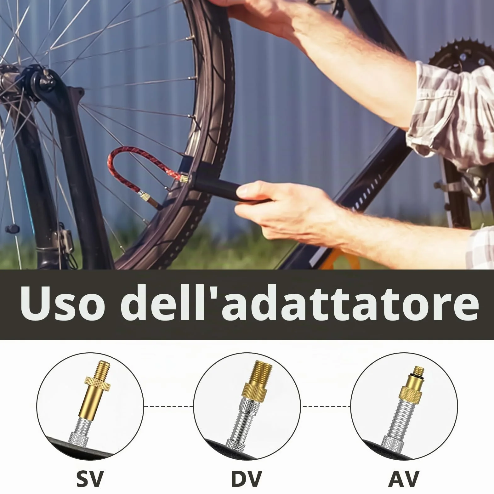 Adattatore Valvola Presta Universale 8 Pezzi per Palloni Auto Bici Gonfiaggio SV DV AV Prolunga Tubo Aghi Compressori Aria