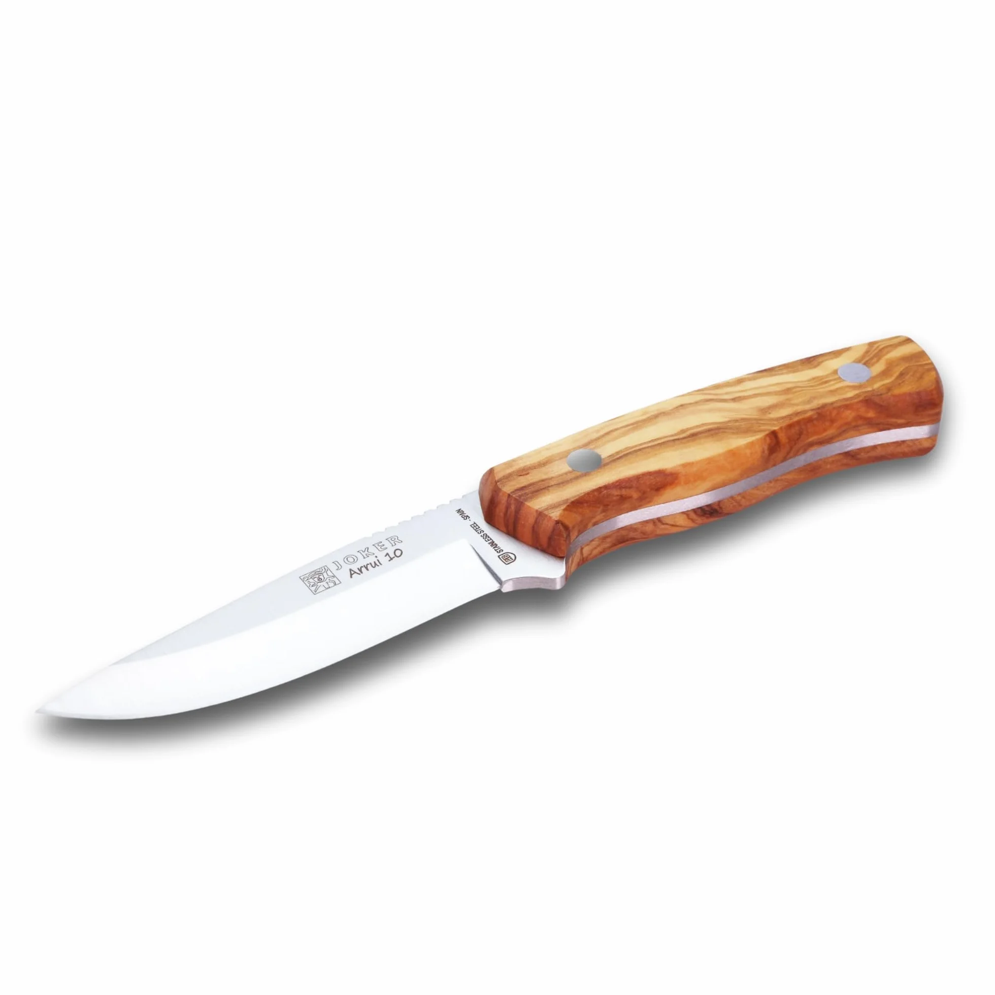 joker Coltello Bushcraft Arrui, incorpora custodia in pelle, con lama 10 cm Inox 420, cache in legno d'ulivo, 130 grammi, CO60 per la pesca, la caccia, l'escursionismo, il campeggio
