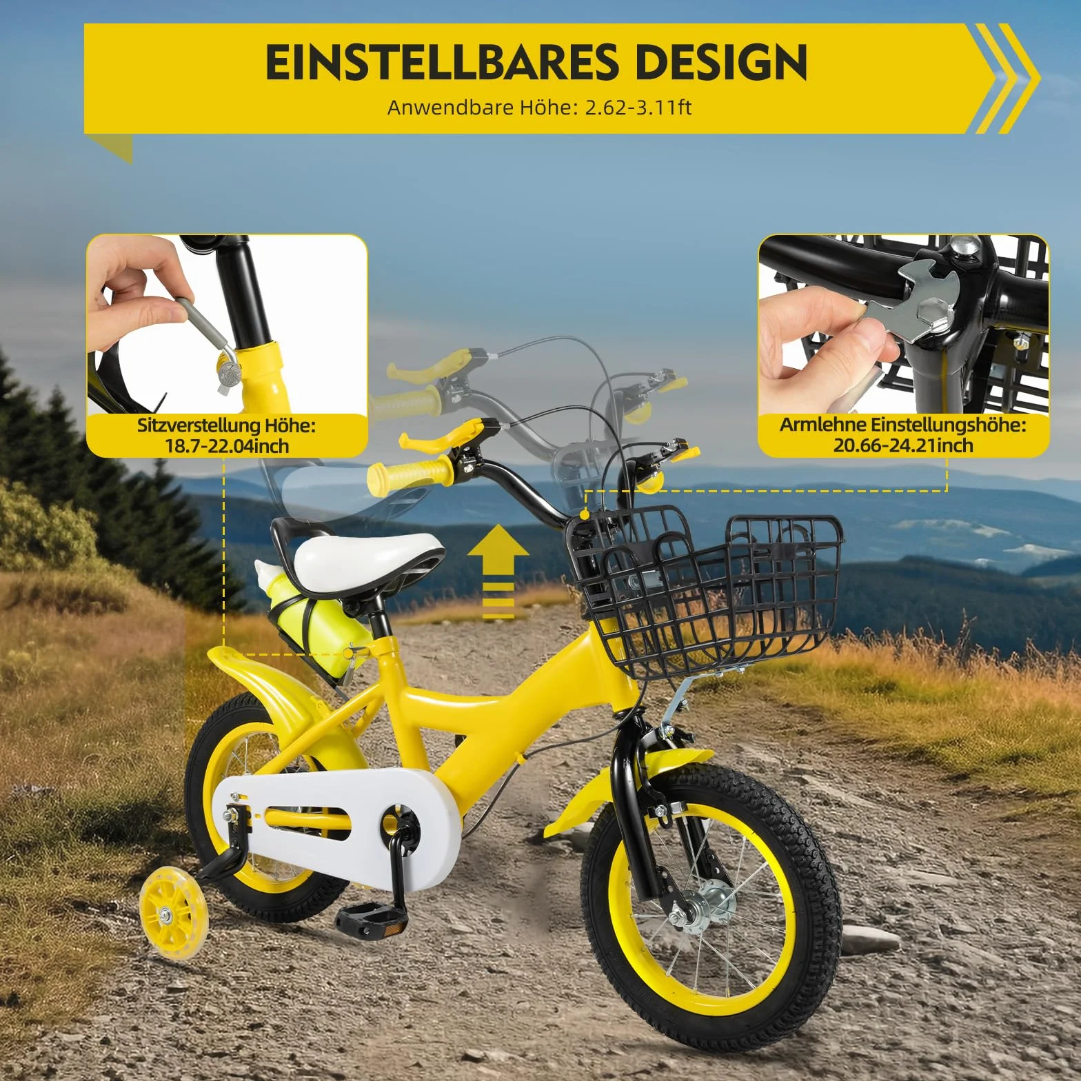 Bicicletta bambini 12 pollici ruote sostegno regolabile altezza cestino campanello