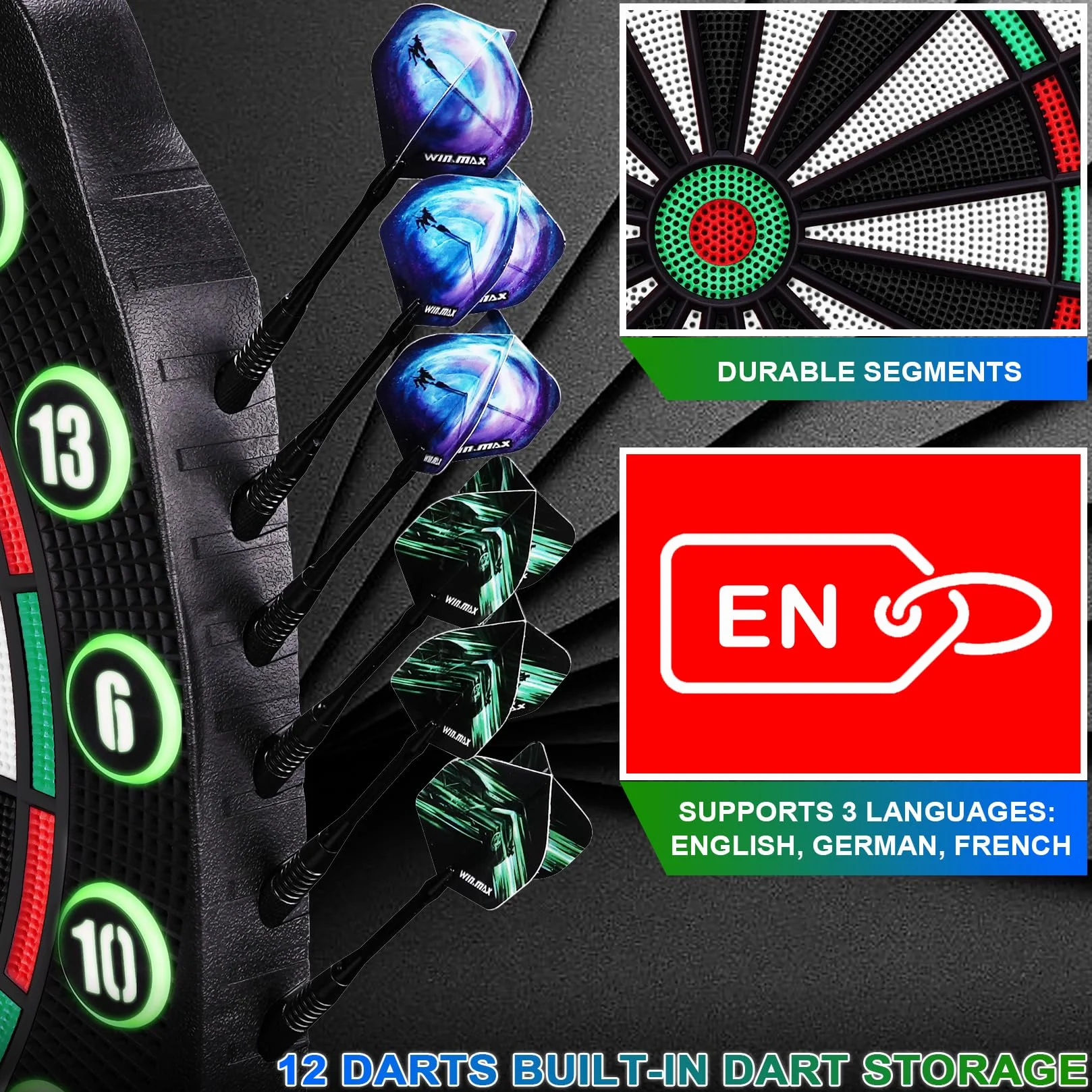 Bersaglio elettronico professionale 34 giochi 354 varianti 3 lingue tedesco inglese francese 1-8 giocatori 12 freccette
