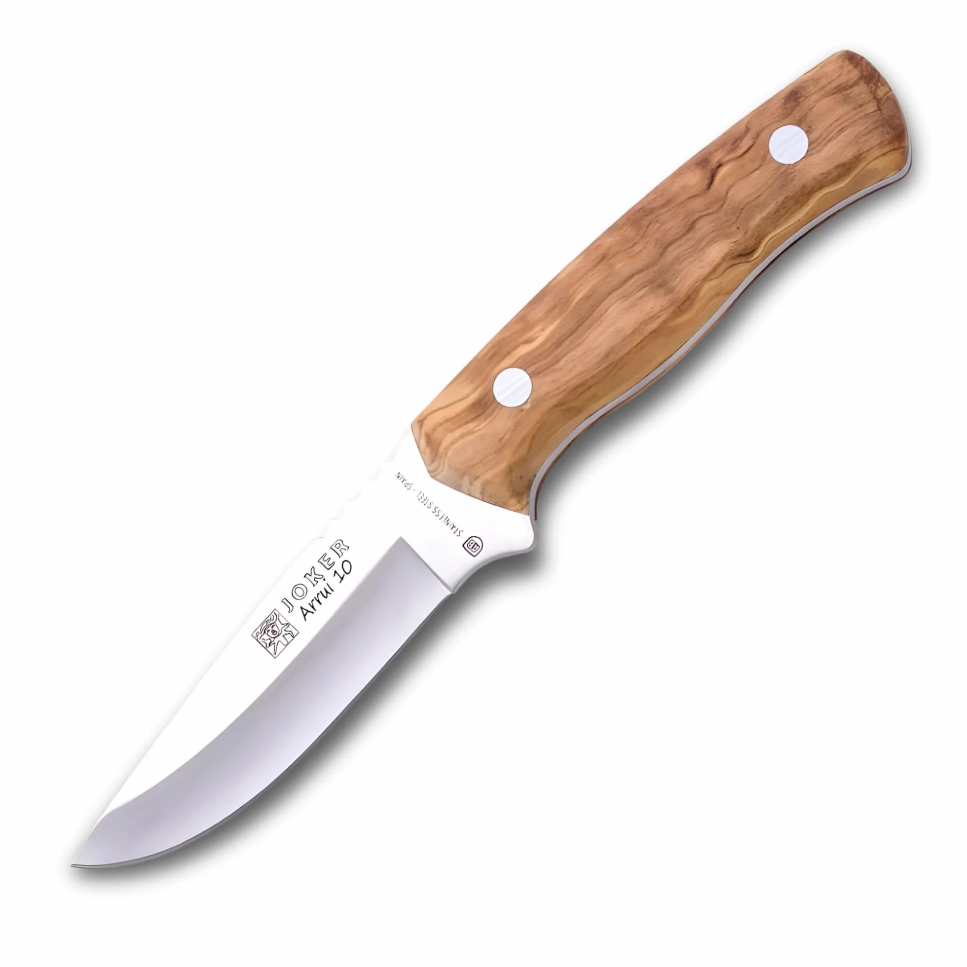 joker Coltello Bushcraft Arrui, incorpora custodia in pelle, con lama 10 cm Inox 420, cache in legno d'ulivo, 130 grammi, CO60 per la pesca, la caccia, l'escursionismo, il campeggio