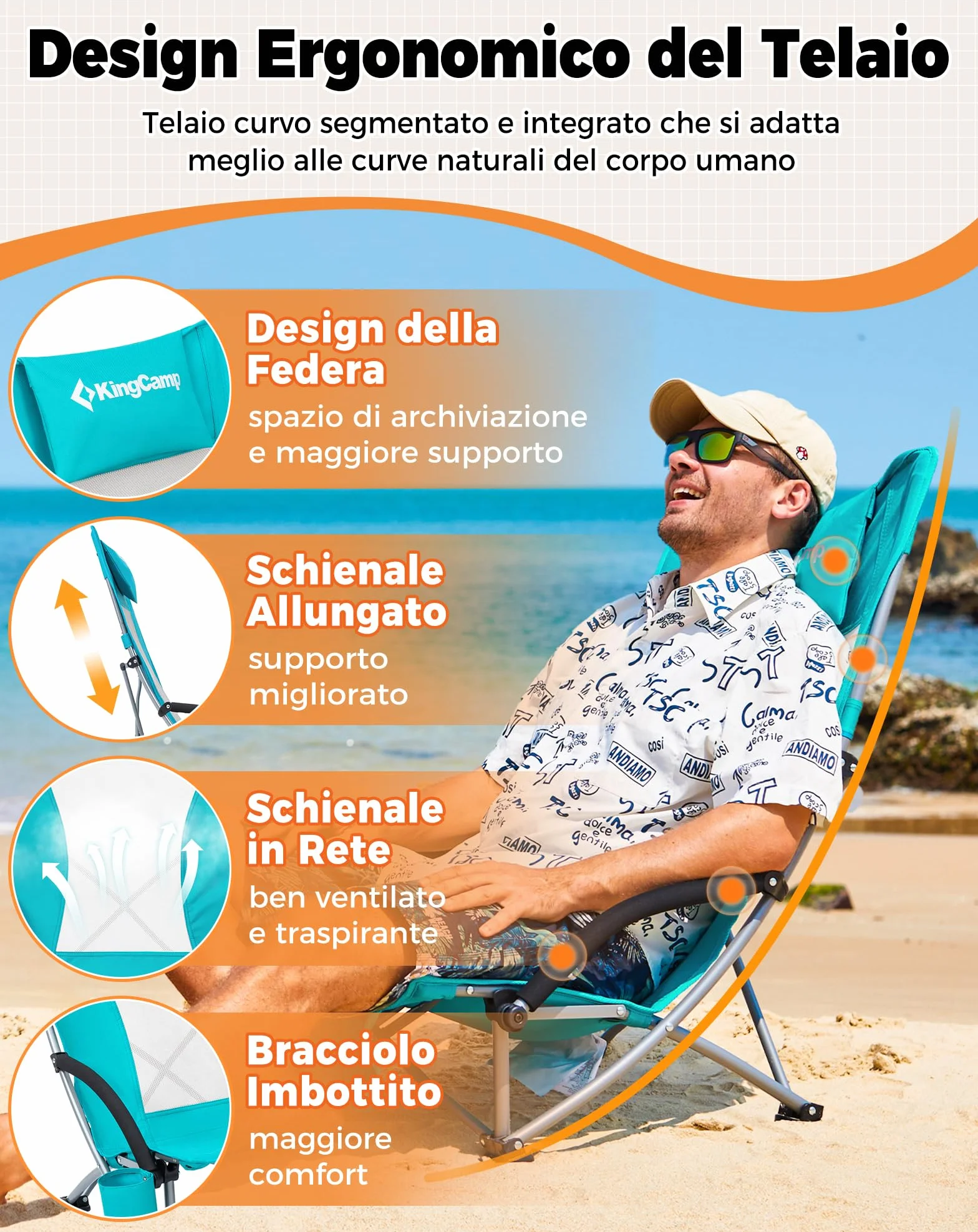 KingCamp Set di 2 Sedie da Spiaggia Pieghevoli Portata 180kg Cuscino Imbottibile Ciano