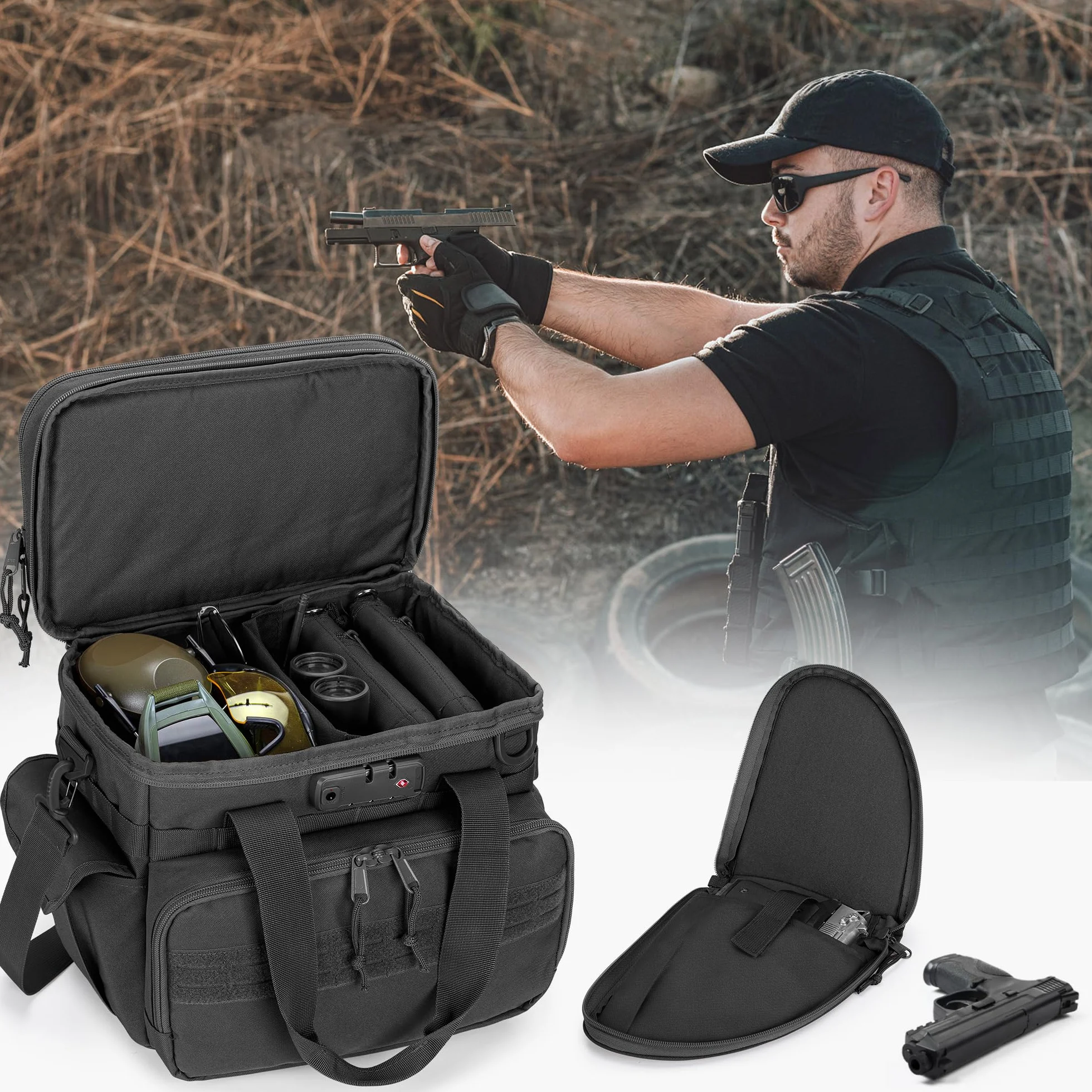 Borsa tattica per tiro GOBUROS con 2 custodie per pistola, lucchetto TSA e 12 scomparti per caricatori
