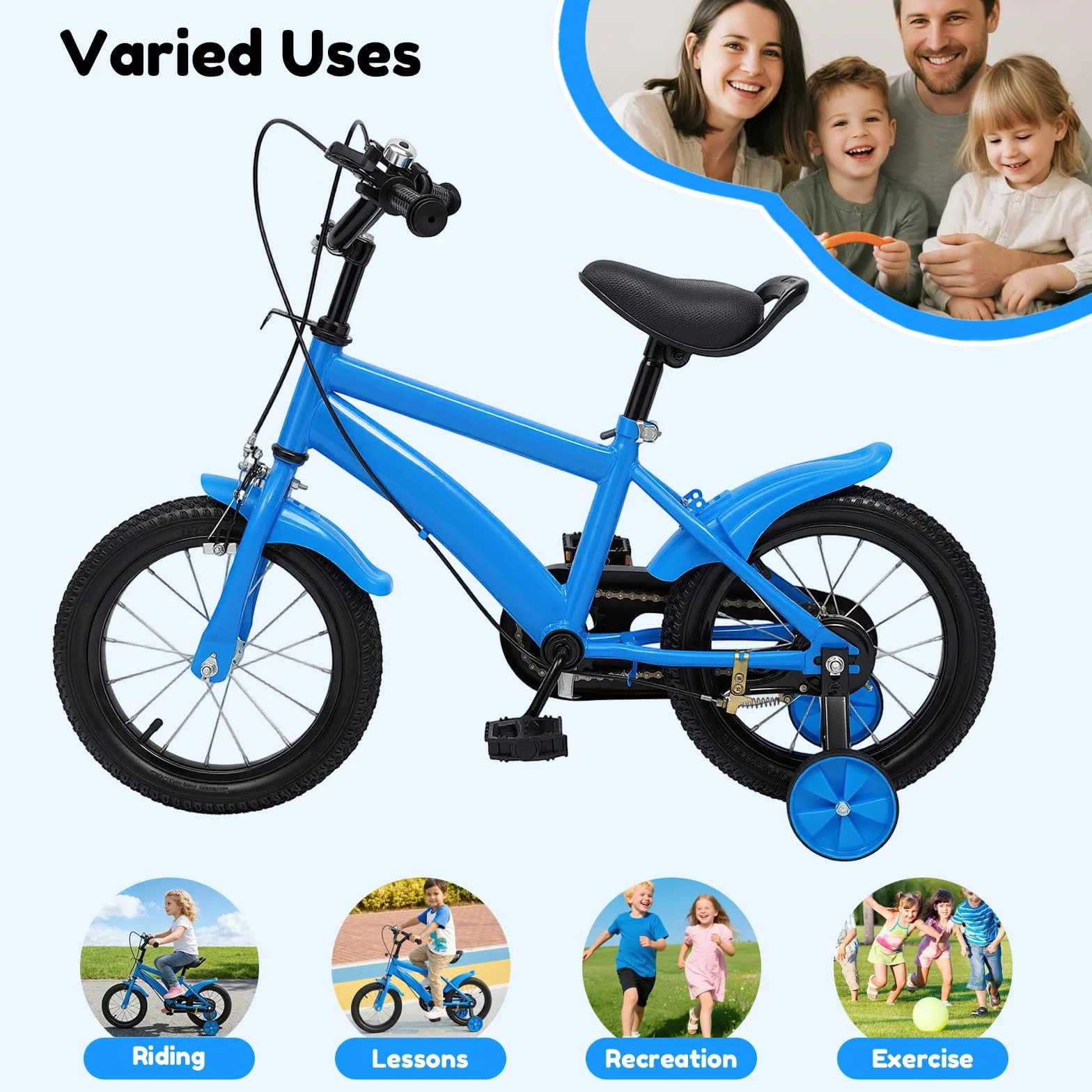 Bicicletta per bambini 14 pollici con ruote di sostegno regolabile in altezza freno a mano campanello