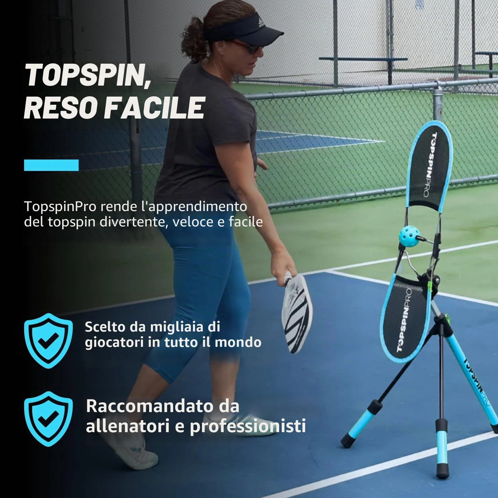TopspinPro Pickleball Trainer Ausilio Allenamento Topspin Servizio Colpi Terra
