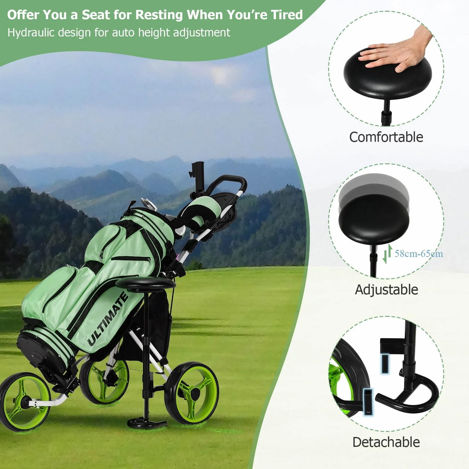 LIFEZEAL Carrello da golf pieghevole 3 ruote con segnapunti portaombrello custodia freno a piede metallo