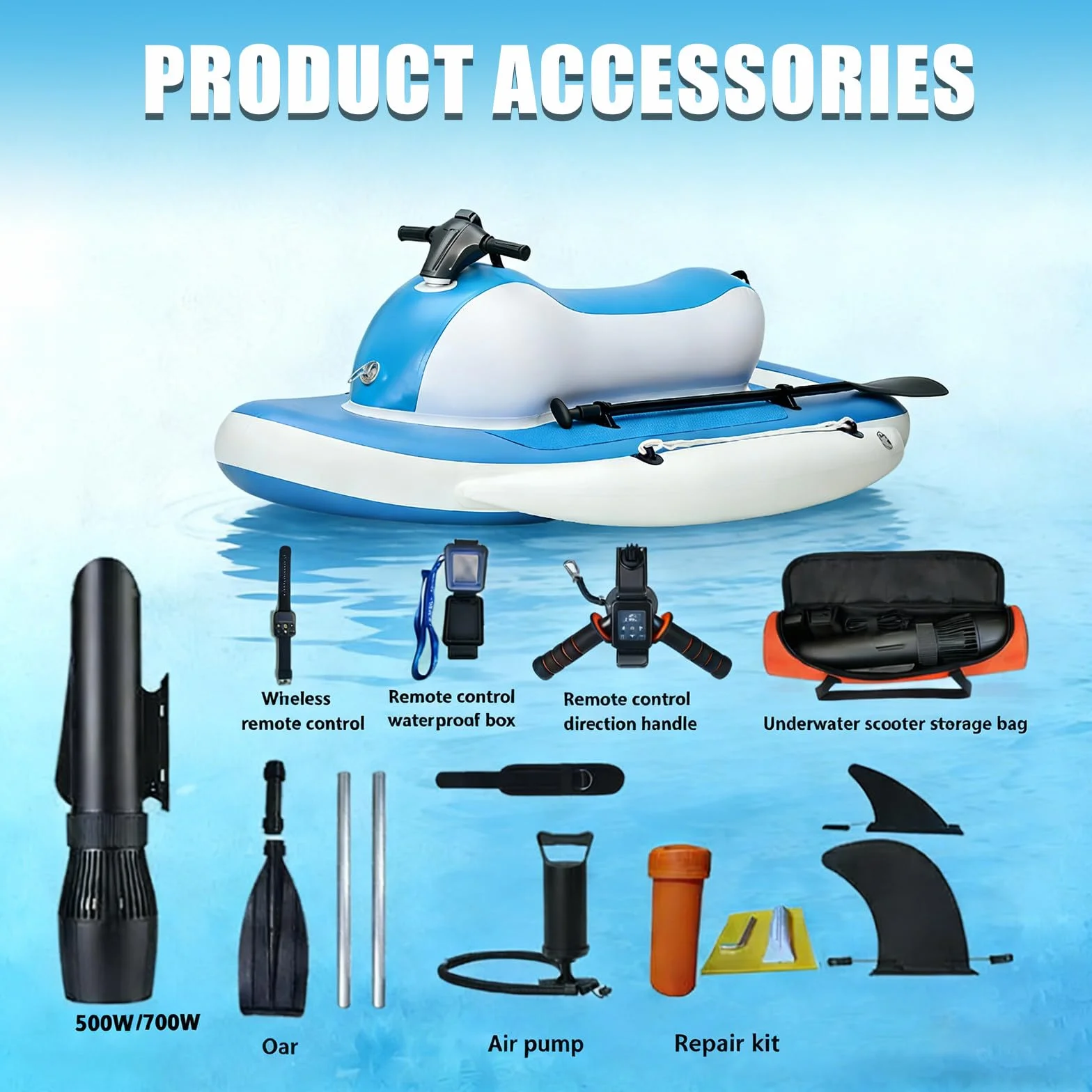 Moto d'Acqua Gonfiabile Elettrica 3-in-1 700W Brushless 200kg 7-11 km/h 10 velocità Telecomando