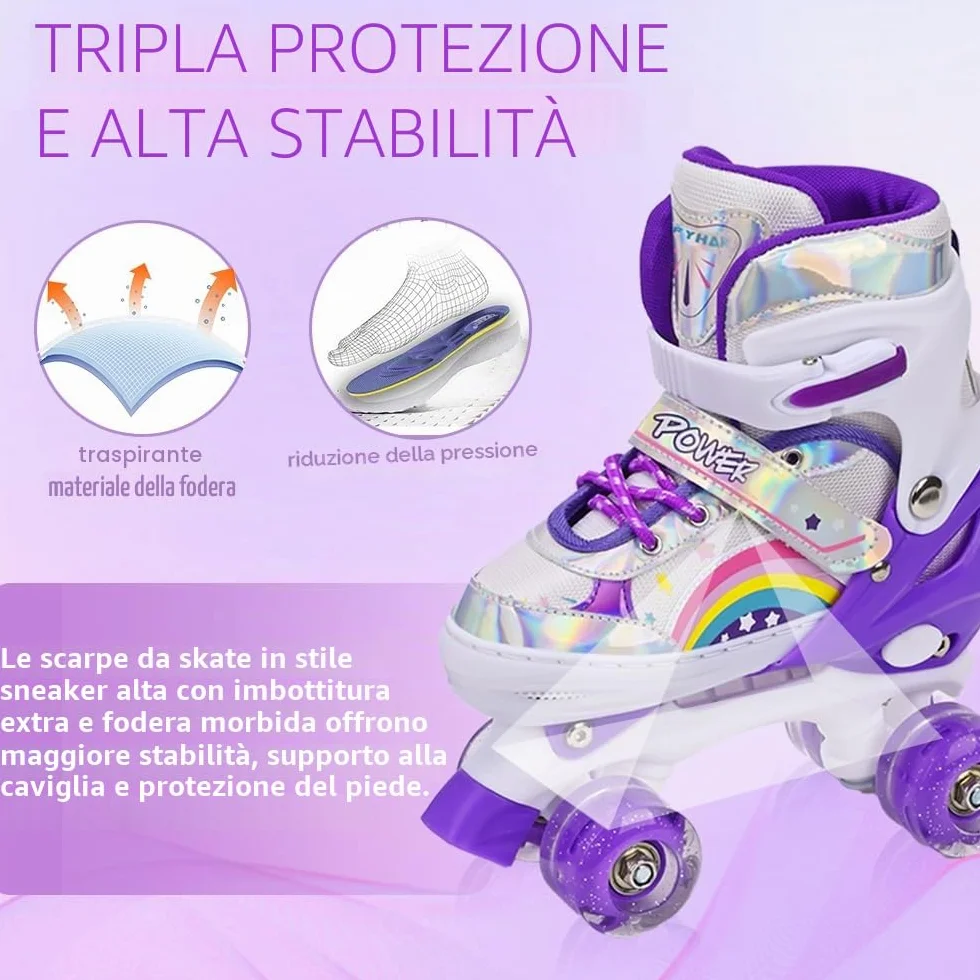 Pattini a rotelle per bambini ragazze ragazzi principianti, 4 misure regolabili per bambina e bambino con ruote luminose, pattini a rotelle Viola Arcobaleno per lo sport