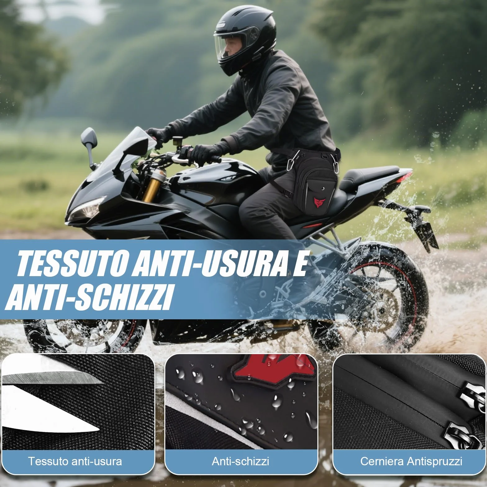 Eshow Marsupio da Gamba Moto Borsa Cosciale Espandibile con Fibbia Borraccia Striscia Riflettente per Trekking Ciclismo Viaggio