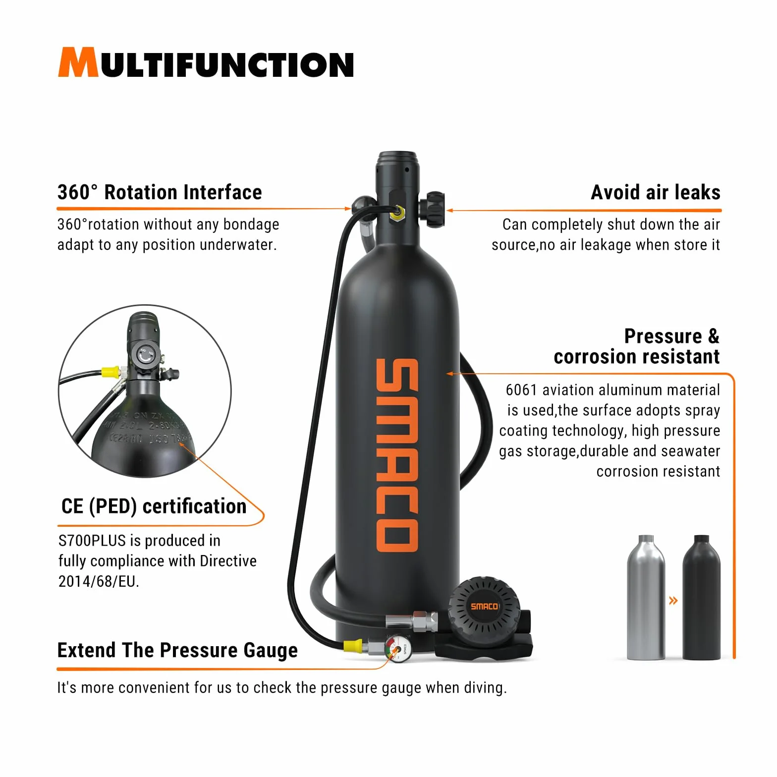 SMACO S700 Plus Mini Bombola Subacquea 2L Scuba Tank Portatile Emergenza