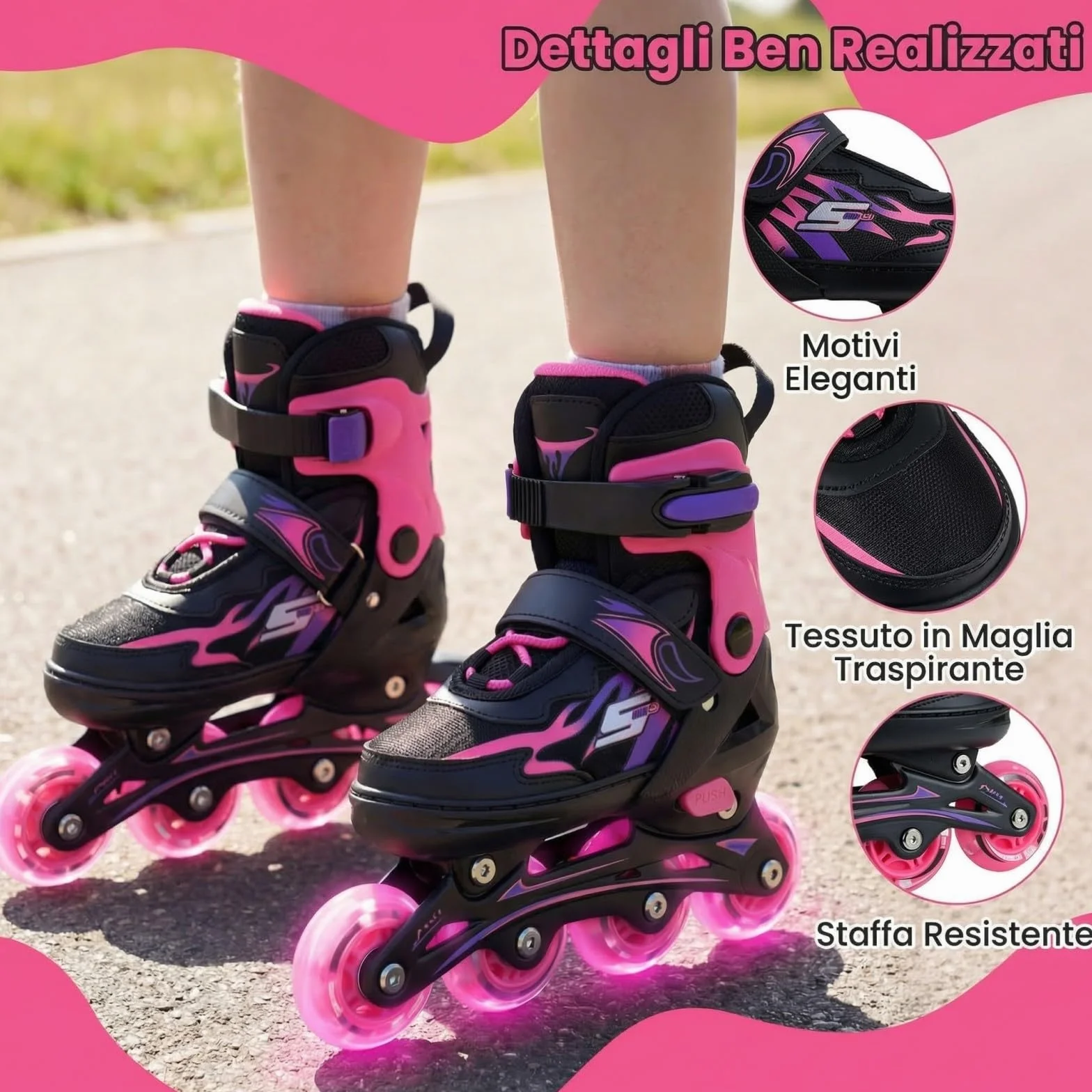 COSTWAY Pattini in Linea a 4 Ruote per Bambini Regolabili 4 Taglie con Luci e Protezione 5-14 Anni