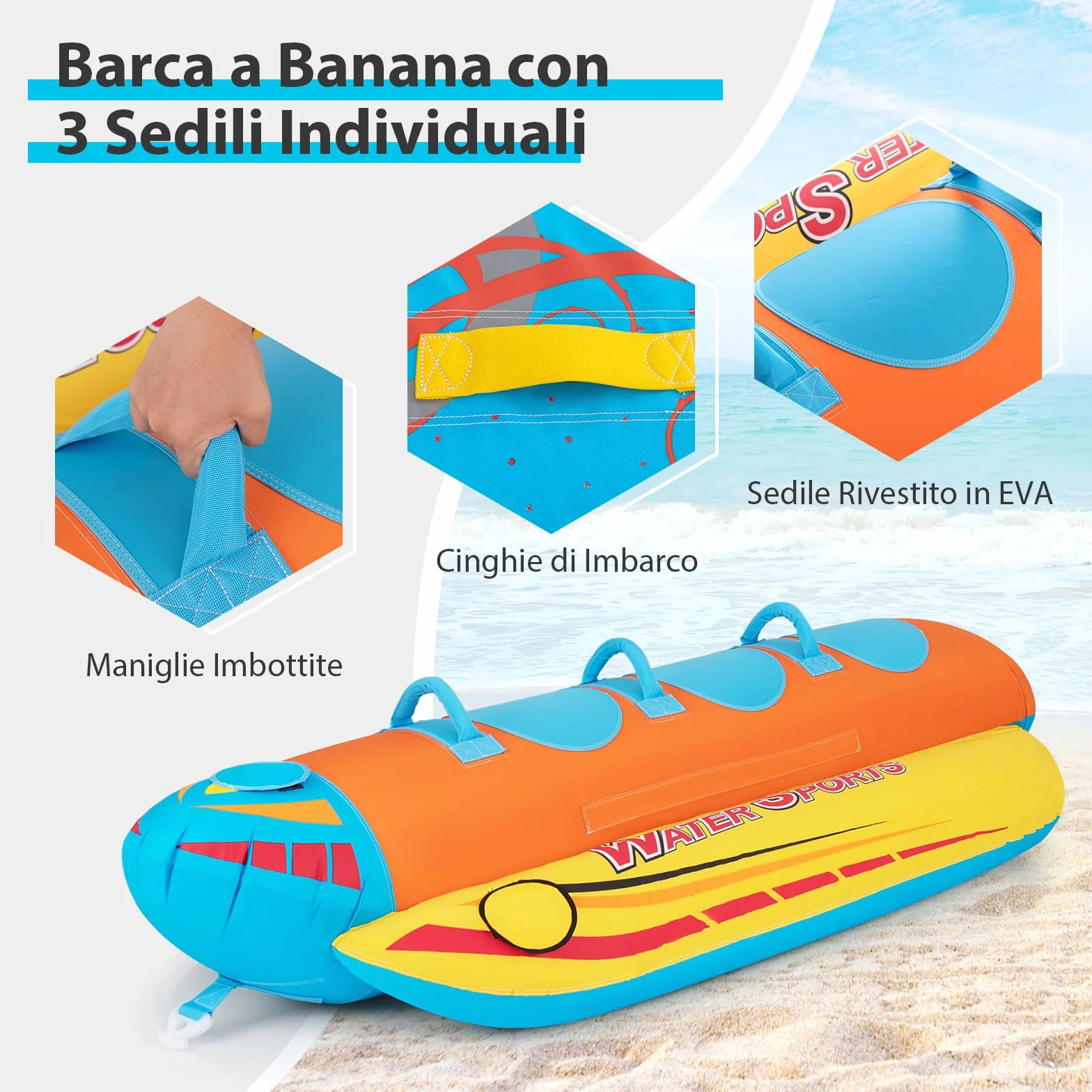 COSTWAY Gommone a Banana Gonfiabile 3 Persone Tubo Trainabile Sport Acquatici Carico Massimo 231 kg
