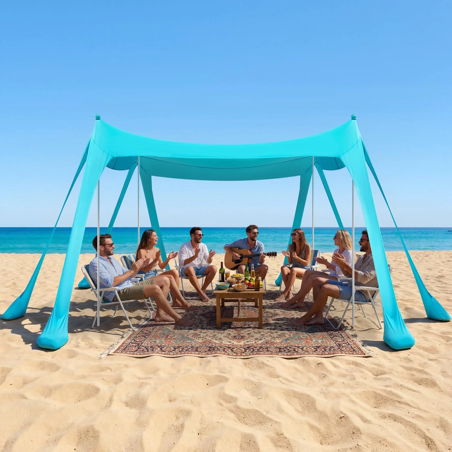 VEVOR Tenda da Sole Portatile da Spiaggia Parasole Portatile da Spiaggia Protezione Solare UPF 50+ Capienza ca. 4-7 Persone, Parasole con Pali di Supporto Sacchi di Sabbia per Viaggio Campeggio, Verde