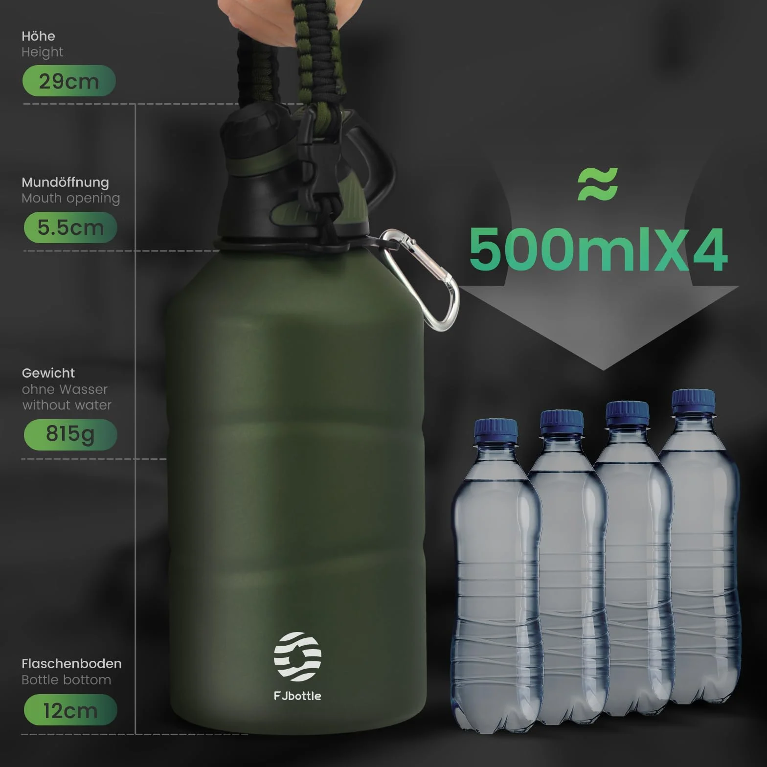 Fjbottle Borraccia Termica 1900ML Acciaio Inox Senza BPA Sportiva con Tappo Magnetico