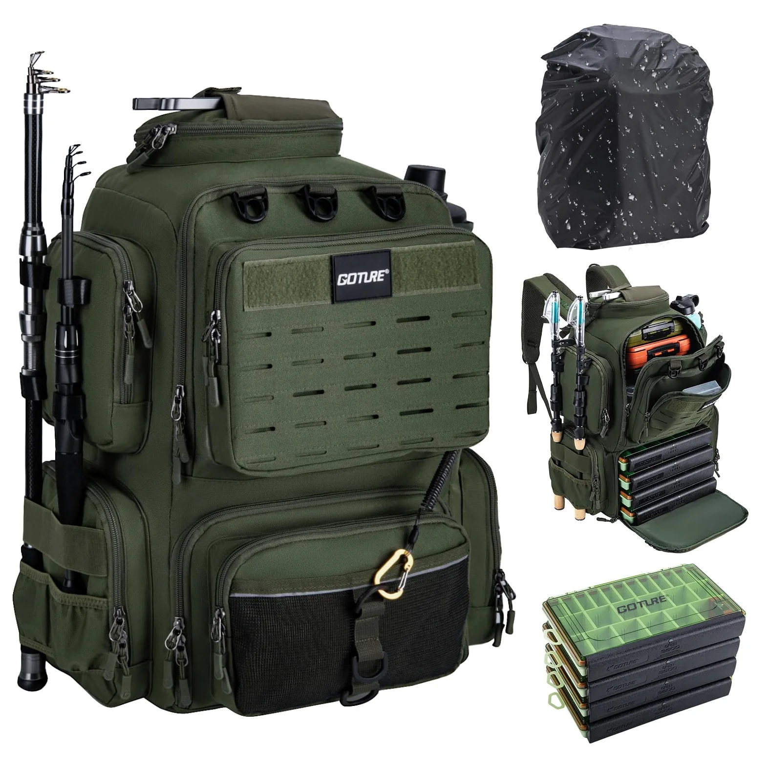 Goture Zaino da pesca con 4 scatole per esche da pesca, 45 litri, con due supporti per canna e parapioggia, in tessuto Oxford 900D, impermeabile, borsa per attrezzatura da pesca con scomparto