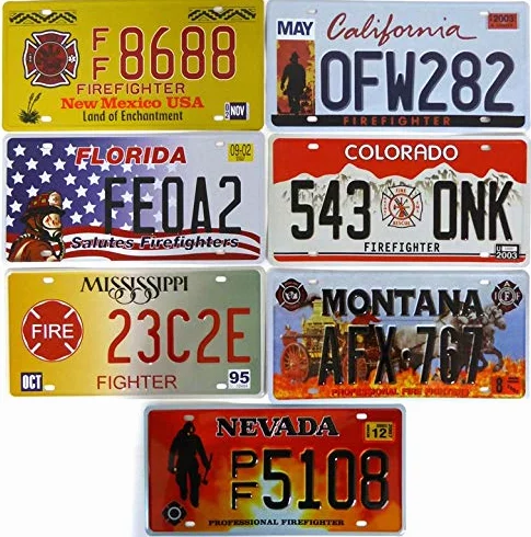 OPO 10 - Set di 7 targhe Metalliche per Auto USA - Repliche di targhe dei Veri Vigili del Fuoco Americani