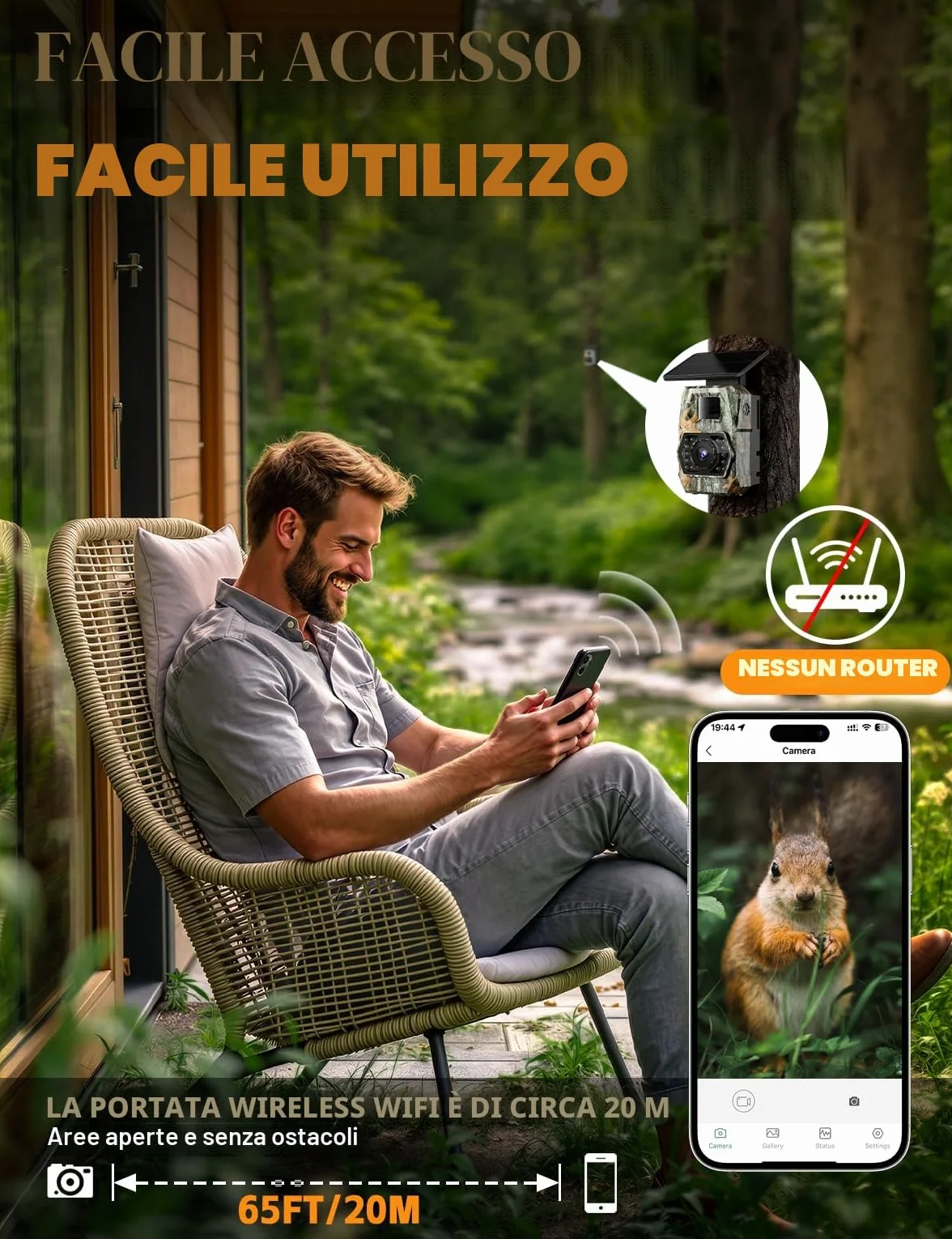 Fototrappola con Pannello Solare 60MP 4K 30fps WIFI Bluetooth App Batteria 5200mAh Angolo Rilevamento 100° HD Visione Notturna IP66