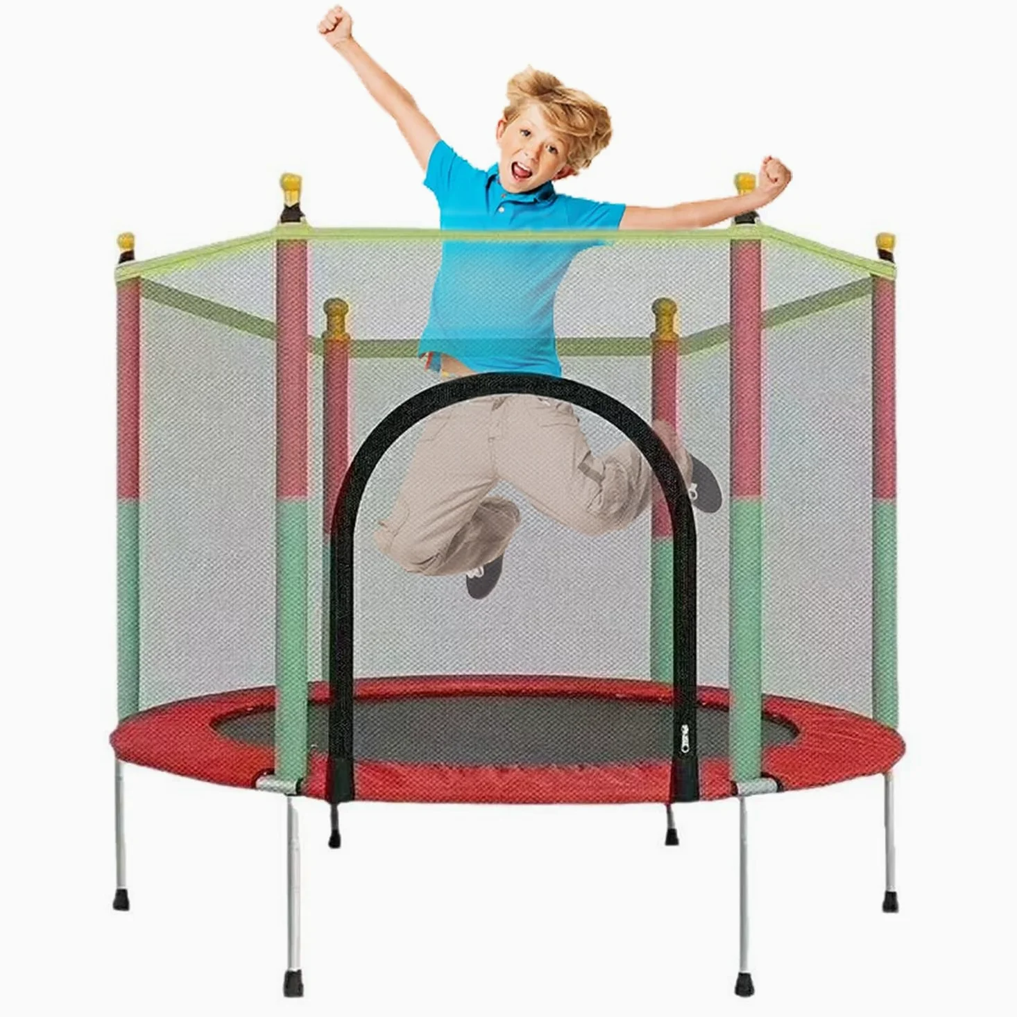 Tappeo elastico per bambini con rimbalzo da 55''/140CM per bambini dai 1 agli 8 anni, per interni ed esterni, con rete di contenimento, coperture in schiuma per i pali