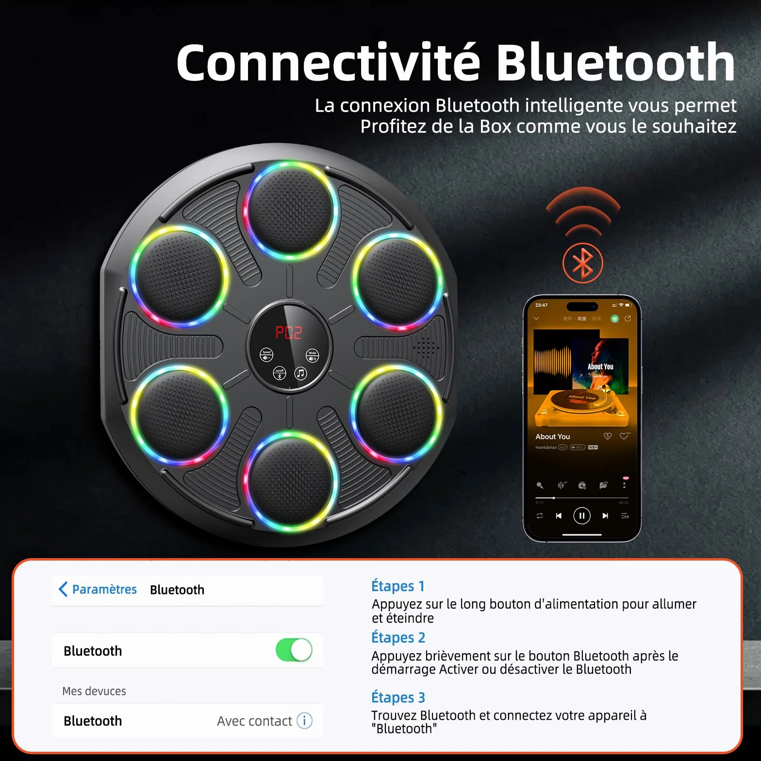 HotHands Macchina da Boxe Musicale, Extra Large a Parete Professionale a LED Dinamico a Colori Bluetooth Smart con Musica Elettronica a 12 velocità per Bambini e Adulti per Casa, Interni e Palestre
