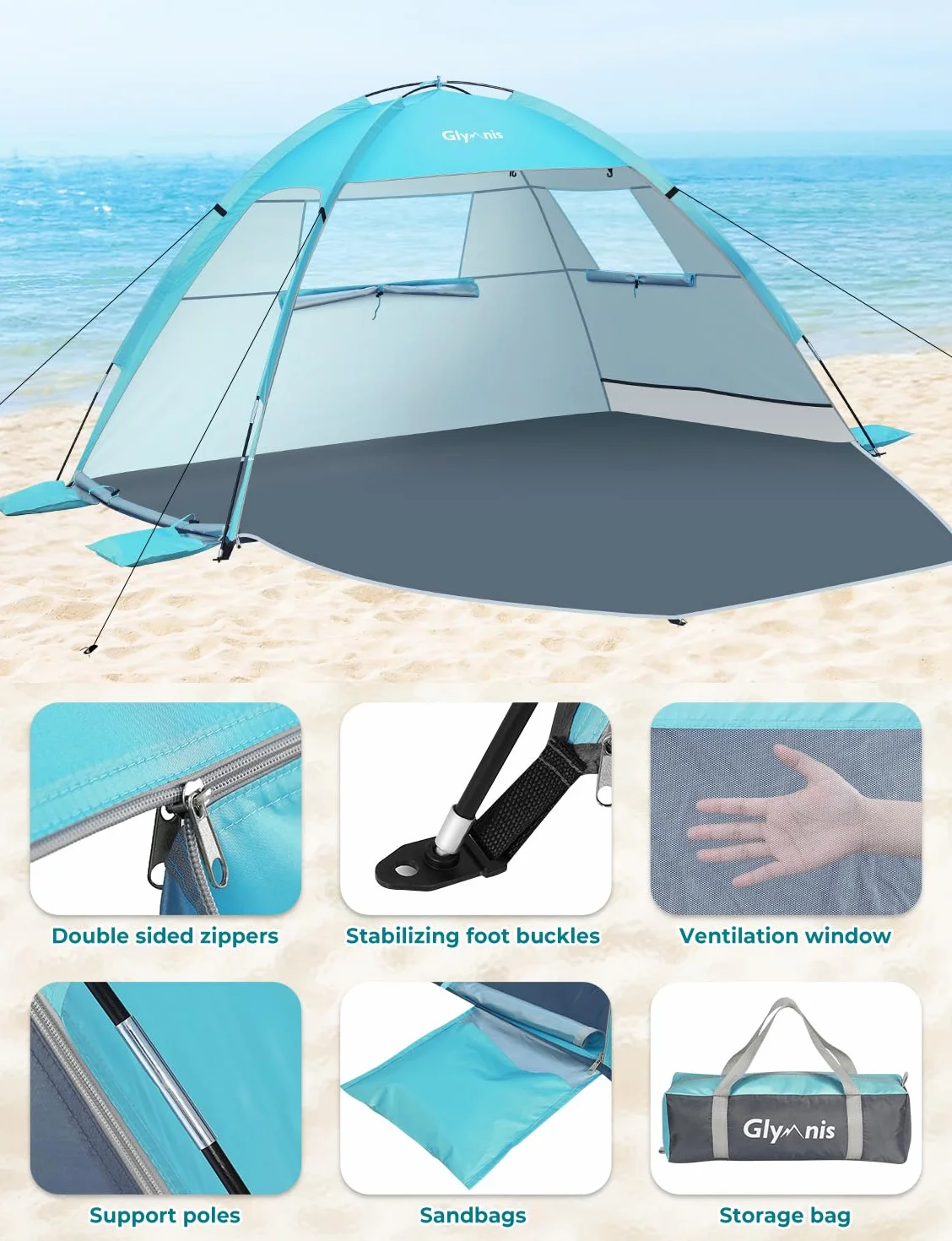 Tenda da Spiaggia Portatile UPF 50+ per 2-4 Persone con Cerniera