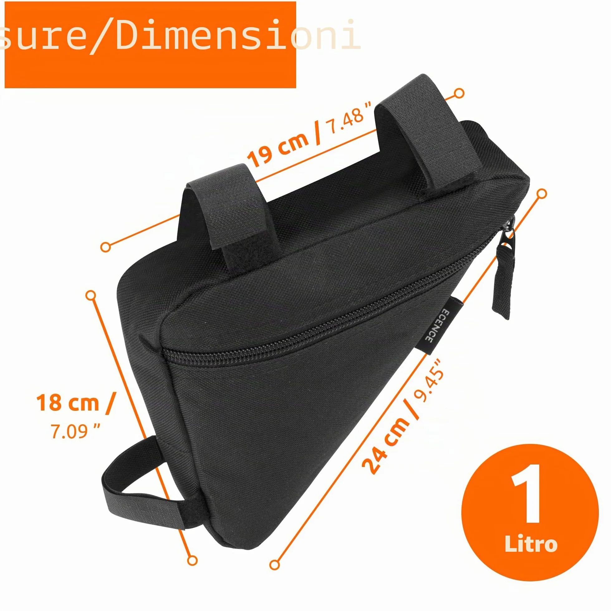 ECENCE Borsa per biciclette telaio impermeabile nera con chiusura a strappo