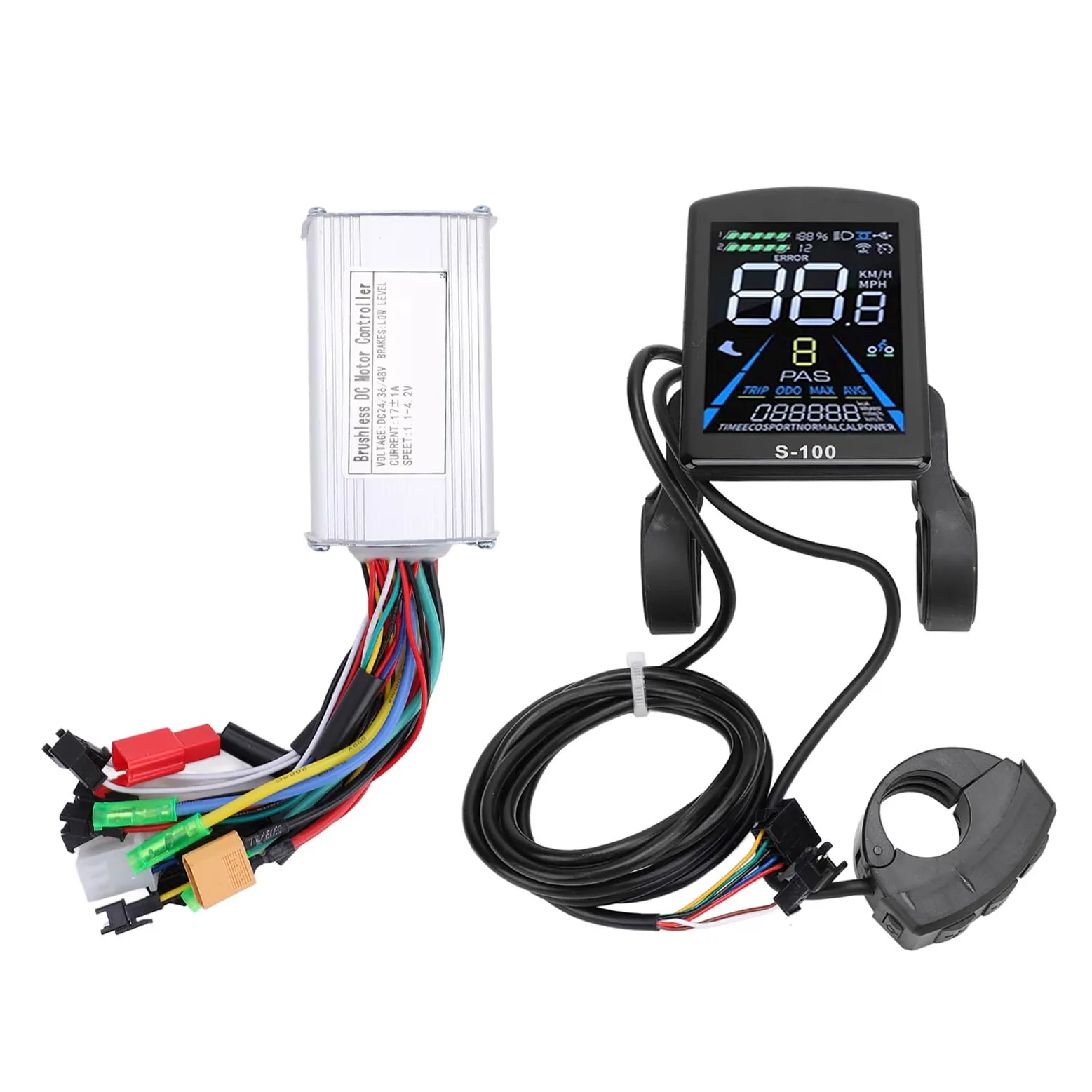 BuyWeek Kit Controller Brushless Bici Elettrica, 36V 48V 250W 350W 17A Controller Onda Sinusoidale 3 modalità con Display LCD a Colori S-100