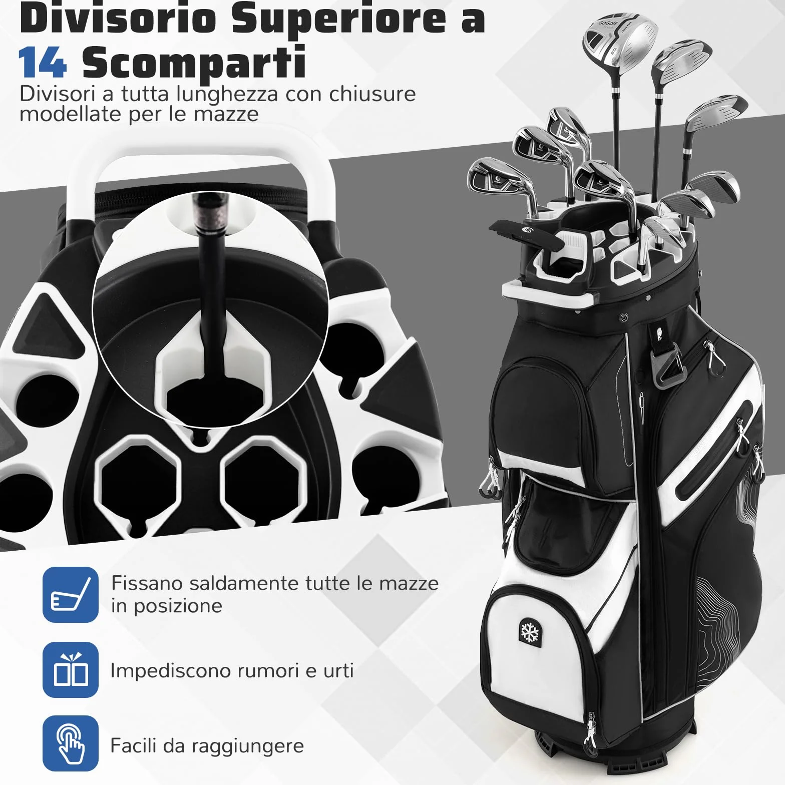 COSTWAY Borsa Carrello da Golf 14 Vie 11 Tasche Sacca Isolante Tracolla Imbottita Cappuccio Antipioggia