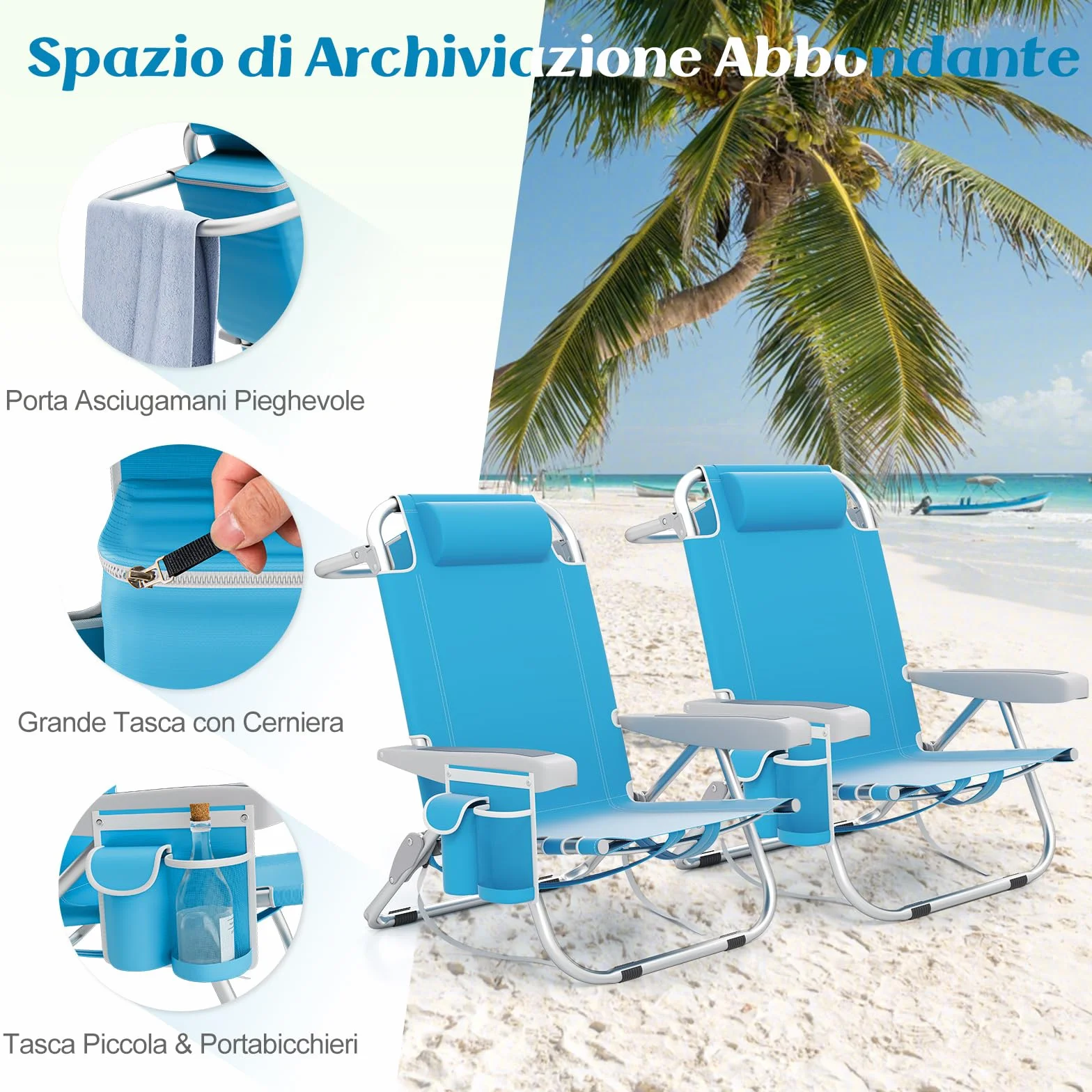 COSTWAY Set di 2 Sedie da Spiaggia Pieghevole a 5 Posizioni con Portabicchieri e Cuscino, Portata 150 kg Azzurro