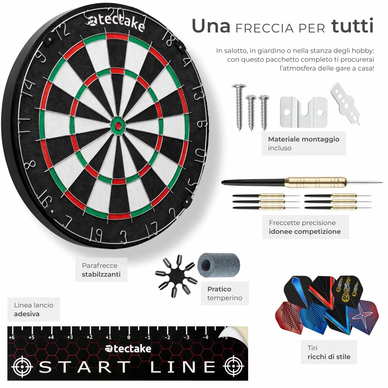 Tectake Bersaglio Freccette Professionali, 9 Frecce da Competizione, 21 Alette, Sisal Autorigenerante, Dart Board