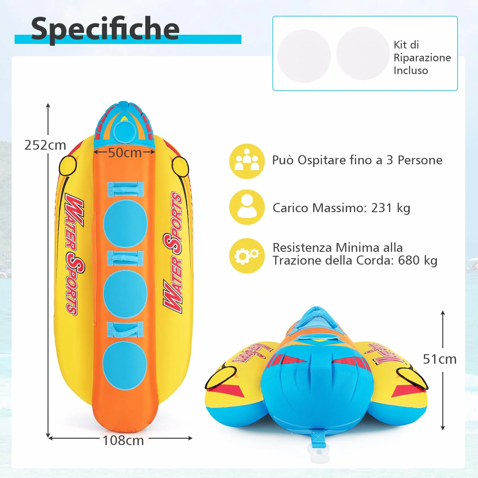 COSTWAY Gommone a Banana Gonfiabile 3 Persone Tubo Trainabile Sport Acquatici Carico Massimo 231 kg
