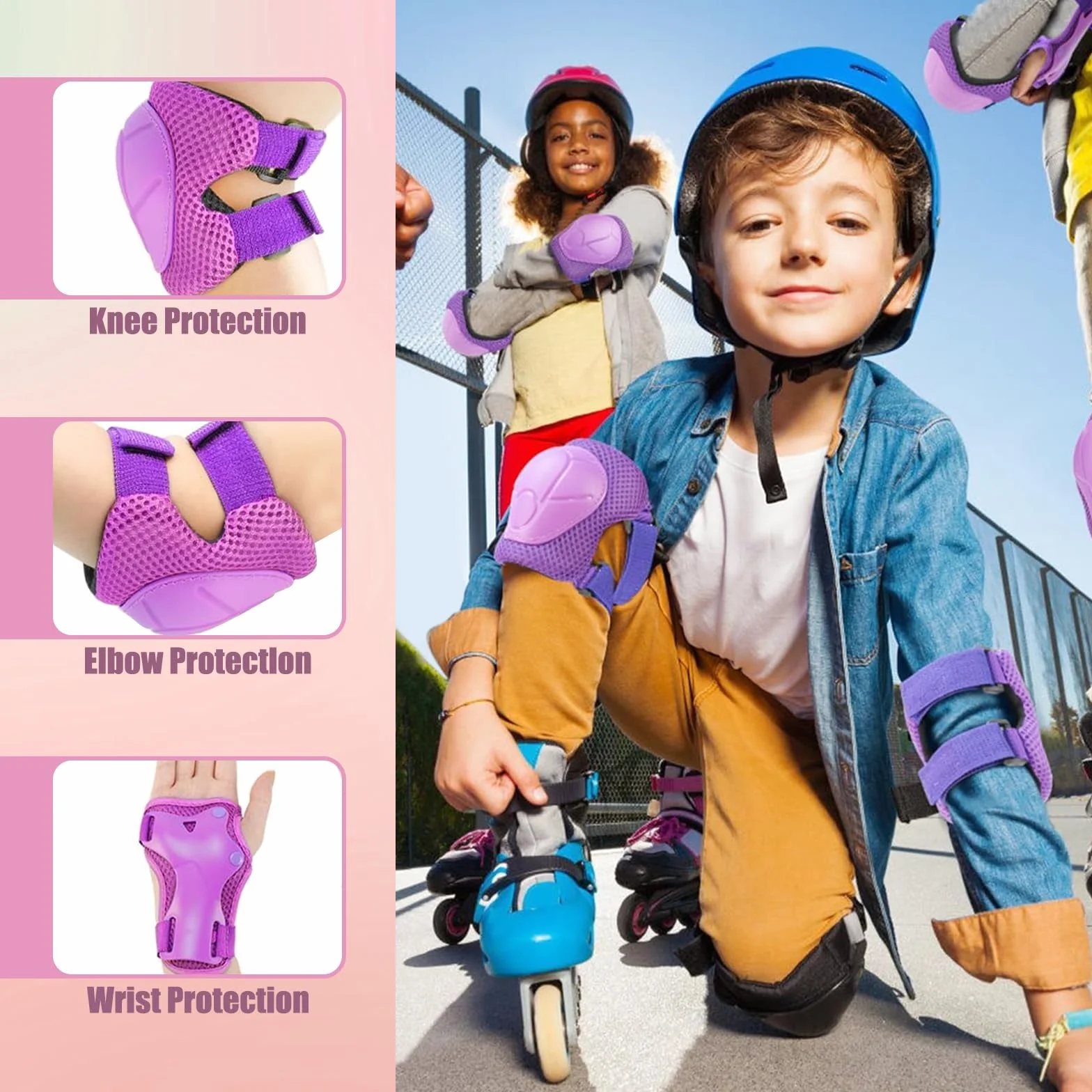 Ginocchiere per bambini 6 w 1 do skateboard, rolek, hoverboard, roweru (Różowy/Fioletowy)