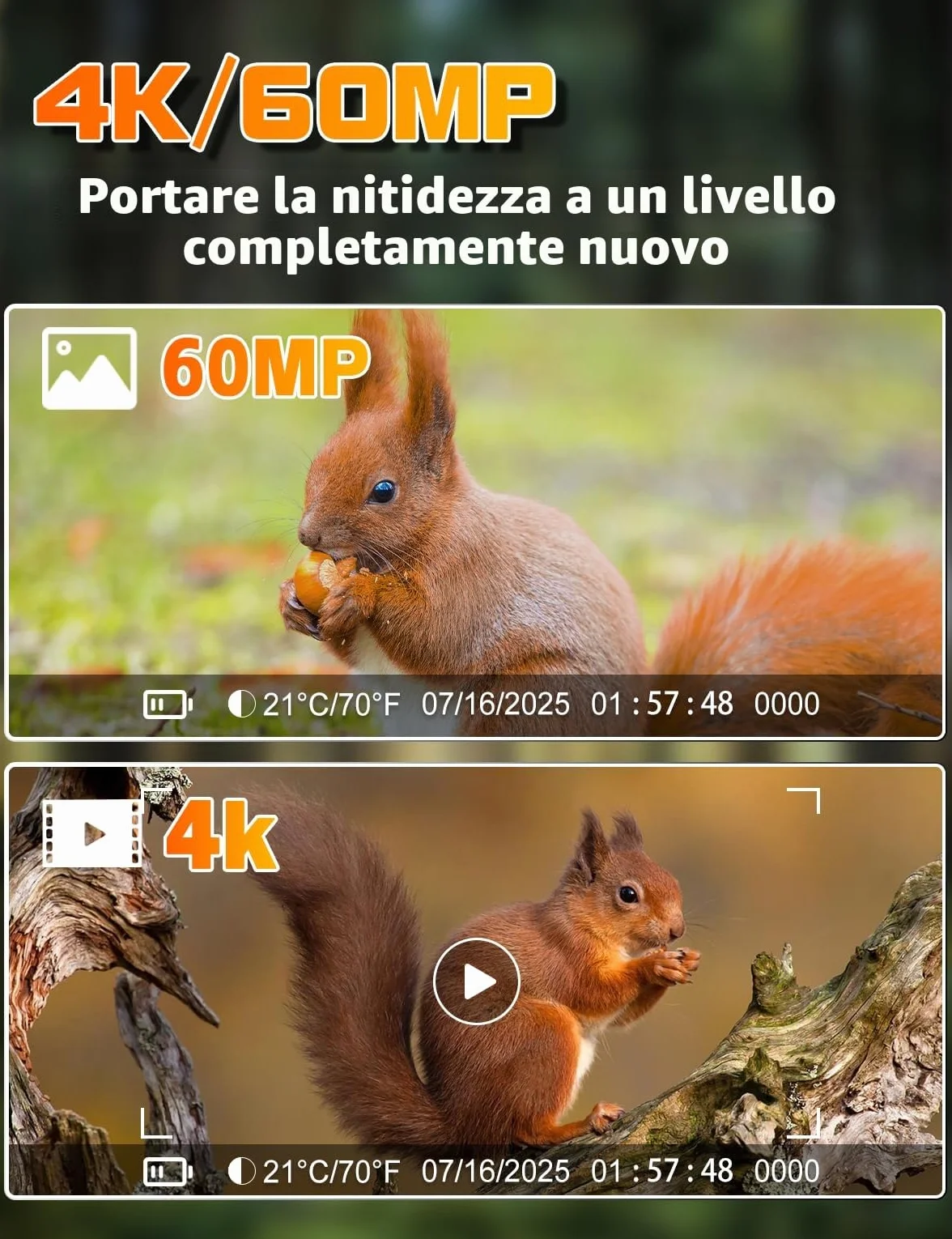 Fototrappola 4K 60MP Infrarossi Invisibili 130° IP66 940nm IR LED 32GB