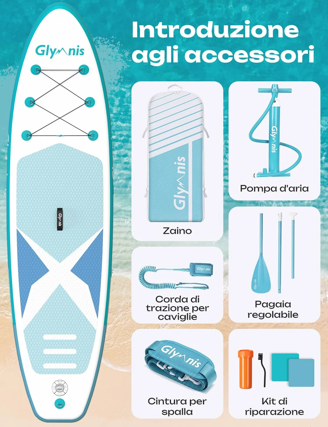 Glymnis SUP Tavola Gonfiabile 320×81×15cm 140kg Stand Up Paddle con Pompa Pagaia Borsa