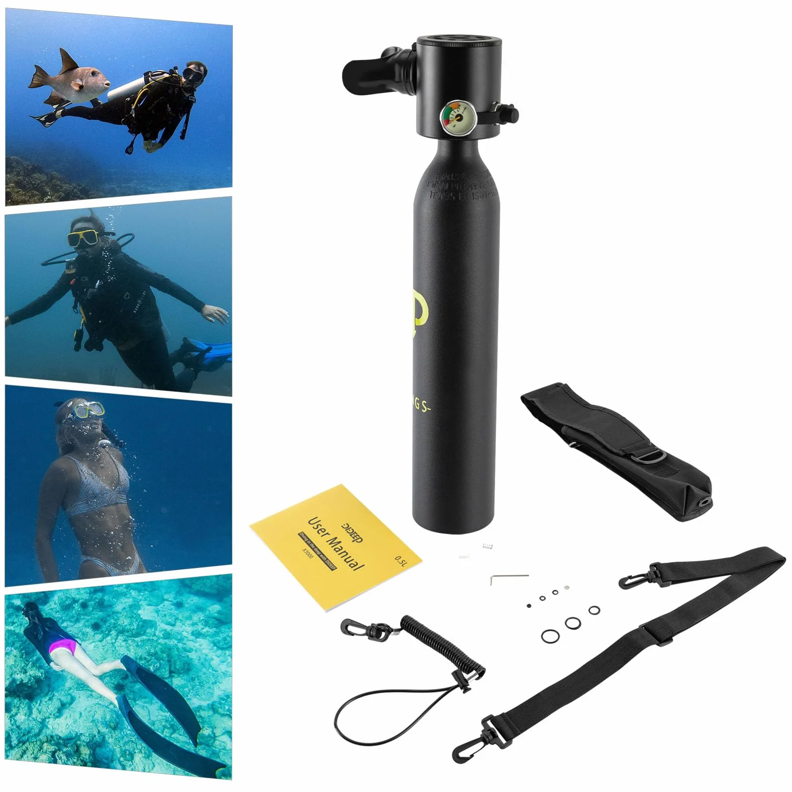 Mini Bombola di Ossigeno 0,5L Portatile per Immersioni con Misuratore di Pressione Impermeabile Illuminato 15-20 Minuti