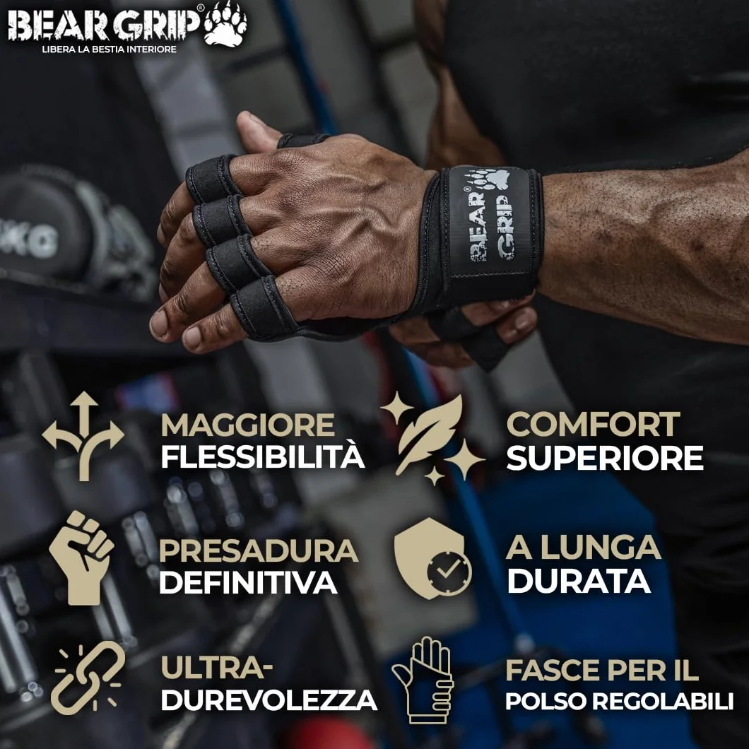 Bear Grip Guanti da allenamento aperti per CrossFit, bodybuilding, sollevamento pesi