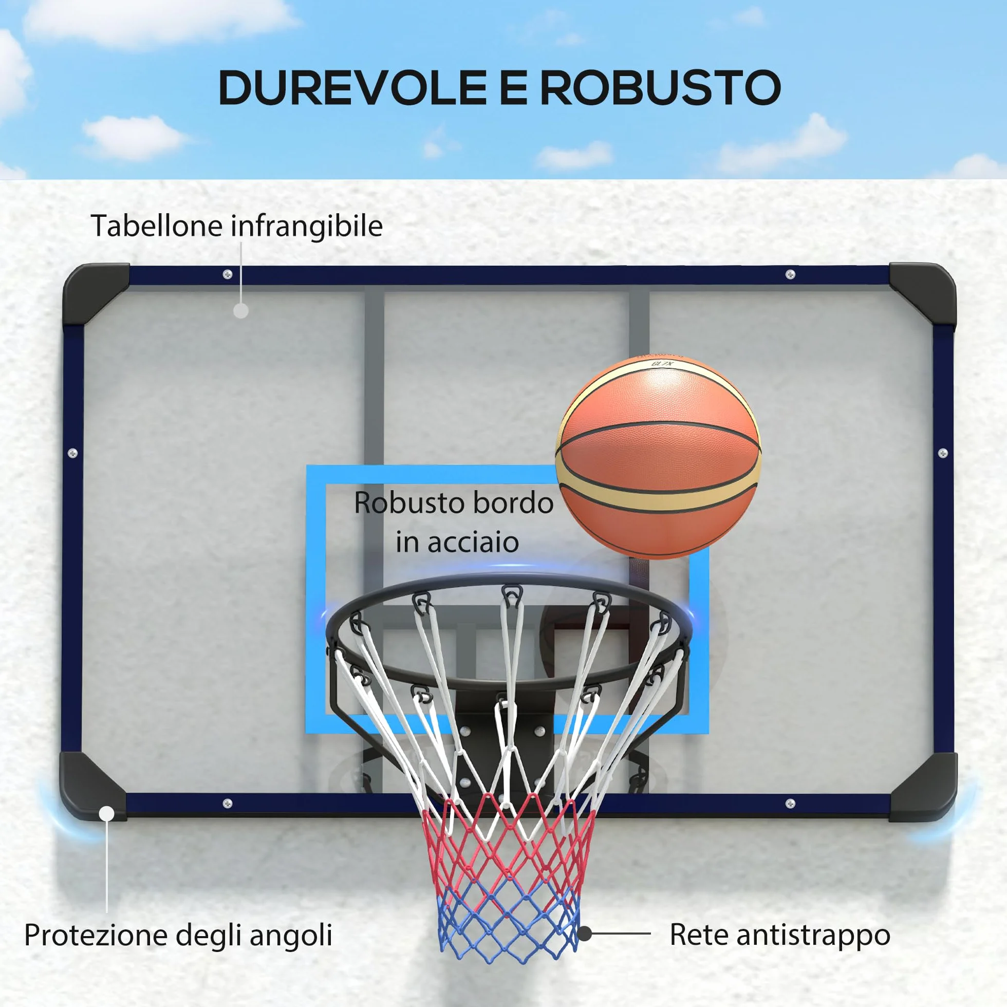 SPORTNOW Canestro Basket da Muro 113x61x73 cm Tabellone Infrangibile Cerchio Acciaio