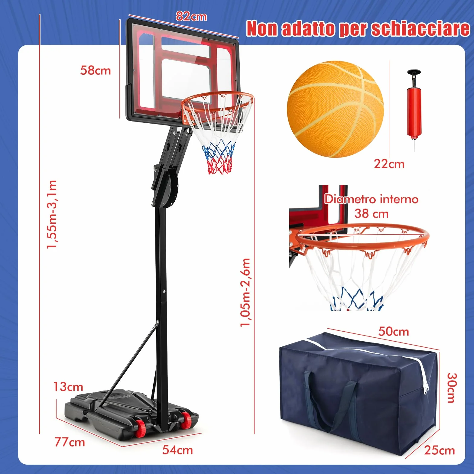 COSWAY Canestro da Basket Esterno Portatile Regolabile 10 Livelli Tabellone 82cm Base Riempibile 2 Ruote Borsa Pallone Pompa